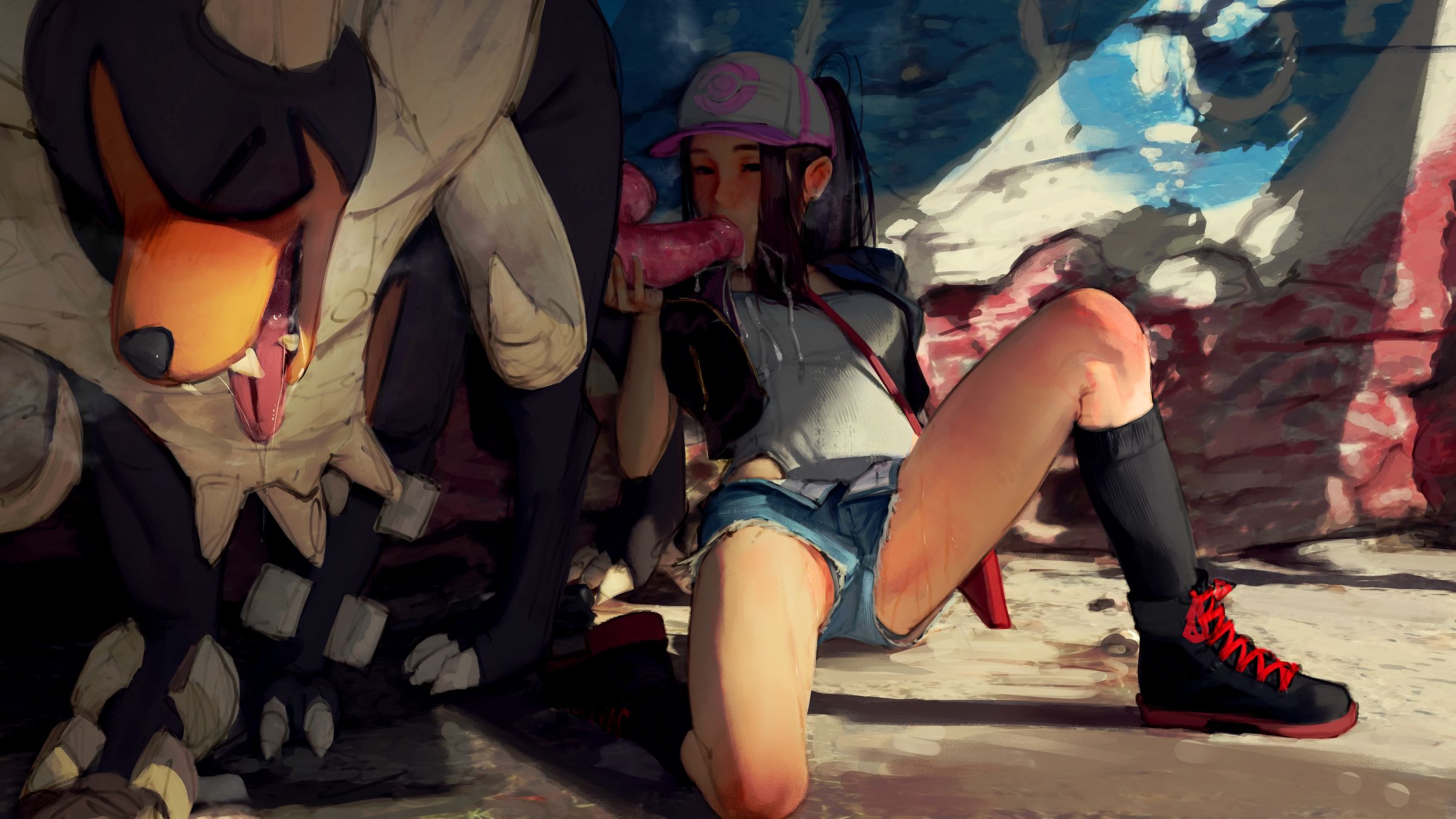 1boy, 1girls, balls, black legwear, blowjob, brown hair, cum, cum in mouth, cum on body, cum on face, cum on upper body, diathorn, facial, fellatio, female, hat, hellgar, hilda (pokemon), houndoom, male, mega evolution, mega hellgar, mega houndoom, oral, pokemon, pokemon bw, pokemon gsc, pokephilia, shorts, sitting, testicles, touko (pokemon), wet