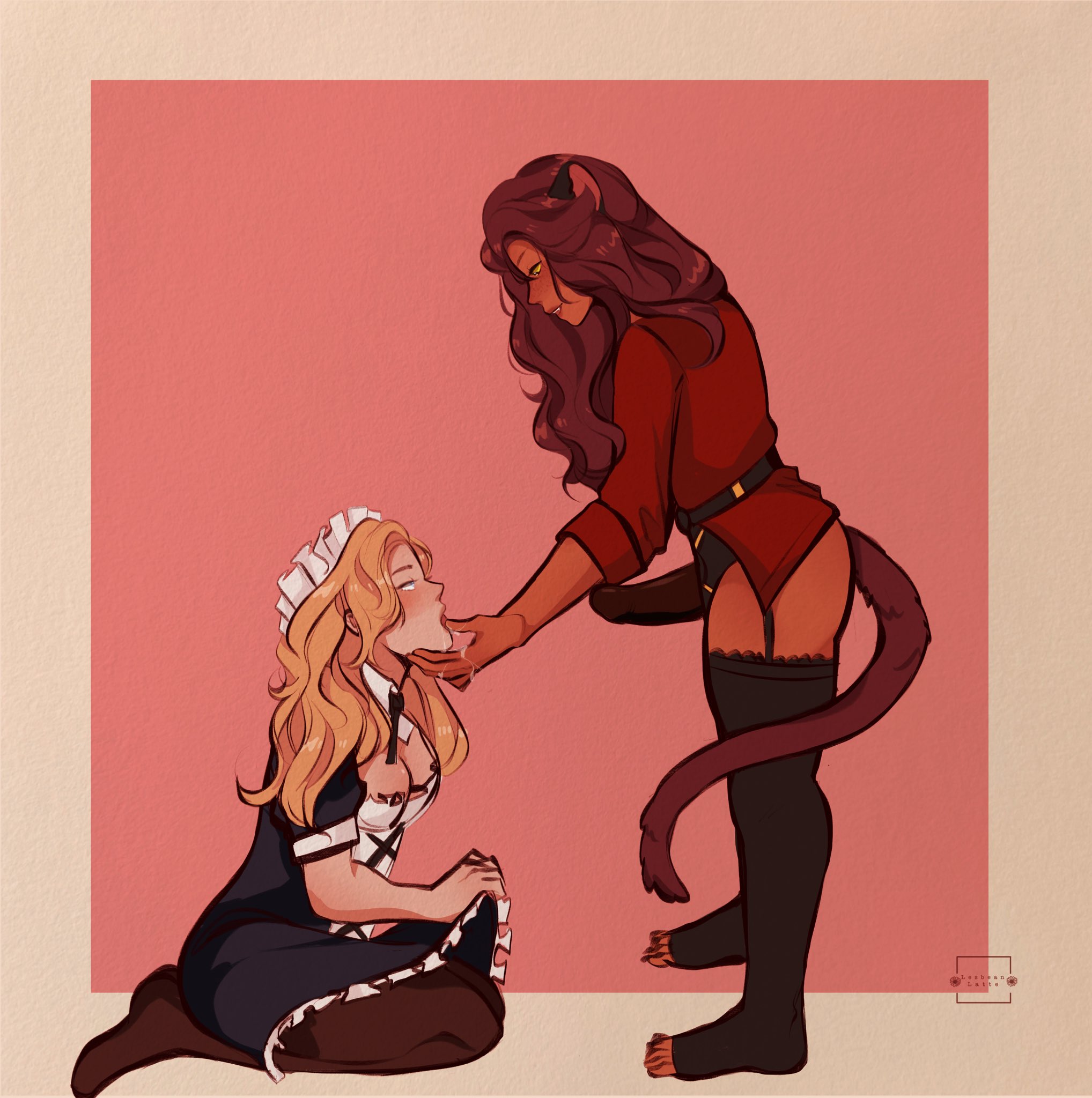 2girls, adora, black dress, blonde female, blonde hair, blue eyes, breasts, brown hair, brown stockings, canon couple, cat ears, cat girl, cat tail, catgirl, catra, choker, cleavage, clothing, cupping chin, domination, dress, drooling, female, female focus, female only, femdom, femsub, foreplay, garter belt, holding chin, holding head, imminent sex, kneeling, large breasts, lesbeanlatte, lesbian, long hair, looking at each other, looking at partner, looking down, looking up, maid, maid dress, maid headdress, maid outfit, maid uniform, multiple females, multiple girls, muscles, muscular, muscular female, red jacket, sex toy, she-ra and the princesses of power, skirt lift, stockings, strap-on, strapon, submissive, tail, yellow eyes, yuri