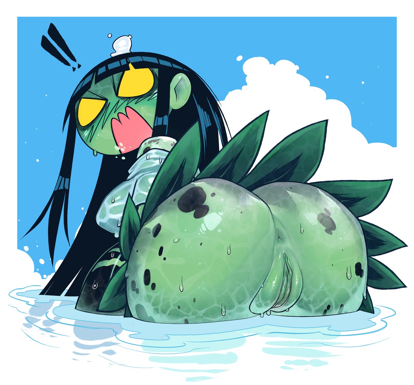 1girls, angry, anus, ass, ass focus, ass up, asshole, derek hetrick, female, green skin, kappa, neneko the kappa (crap-man), original, original character, pussy, pussy juice drip, solo, water, wet clothes, wet pussy, youkai