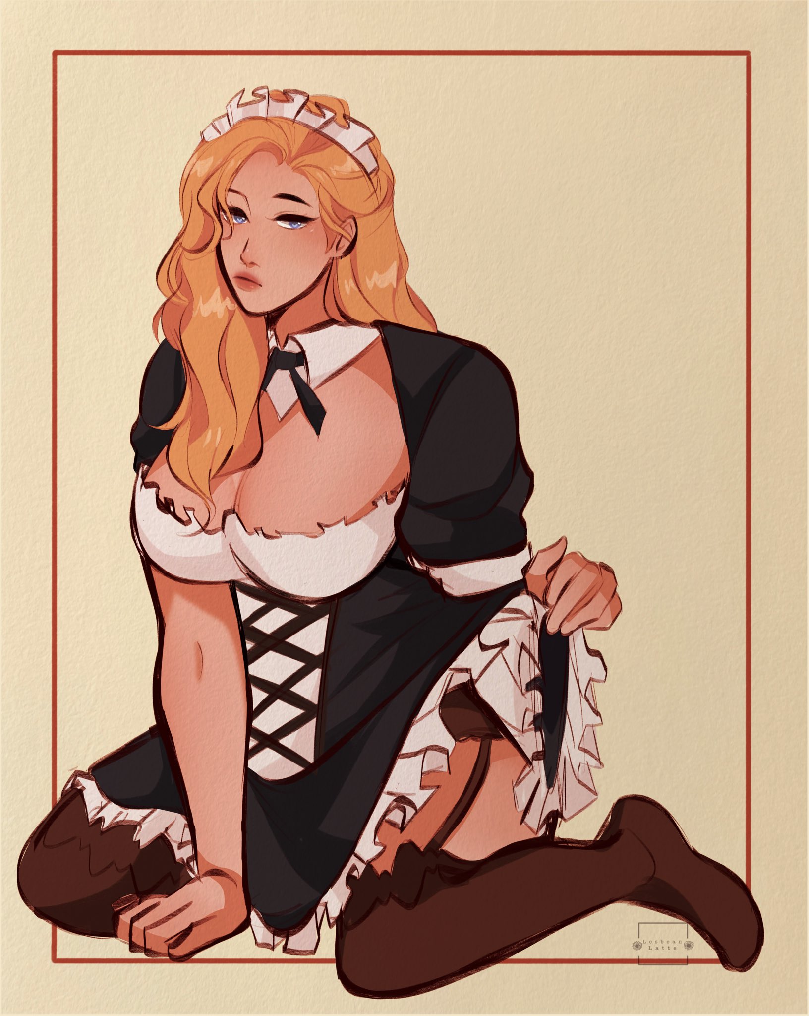 1girls, adora, black dress, blonde female, blonde hair, blue eyes, breasts, breasts bigger than head, brown stockings, choker, cleavage, clothing, dress, female, female focus, female only, garter belt, huge breasts, kneeling, large breasts, lesbeanlatte, lipstick, long hair, looking at viewer, maid, maid dress, maid headdress, maid outfit, maid uniform, makeup, muscles, muscular, muscular female, presenting, presenting breasts, red lips, red lipstick, she-ra and the princesses of power, sitting, skirt lift, solo, stockings, thick thighs