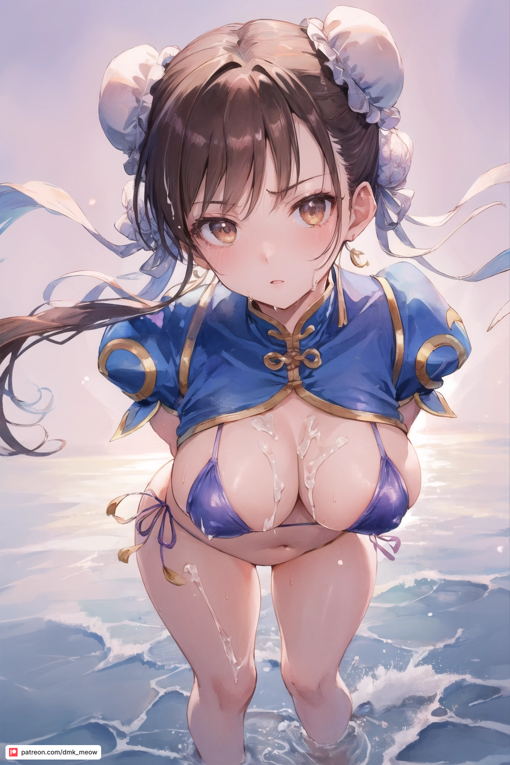 adapted_costume ai_generated arms_behind_back bangs bikini blue_bikini blue_swimsuit blush breasts brown_eyes brown_hair bun_cover chun-li cleavage closed_mouth clothing dmk_meow double_bun earrings female female floating_hair hair_bun jewelry large_breasts long_hair looking_at_viewer navel outdoors parted_lips partially_submerged puffy_short_sleeves puffy_sleeves street_fighter street_fighter_v