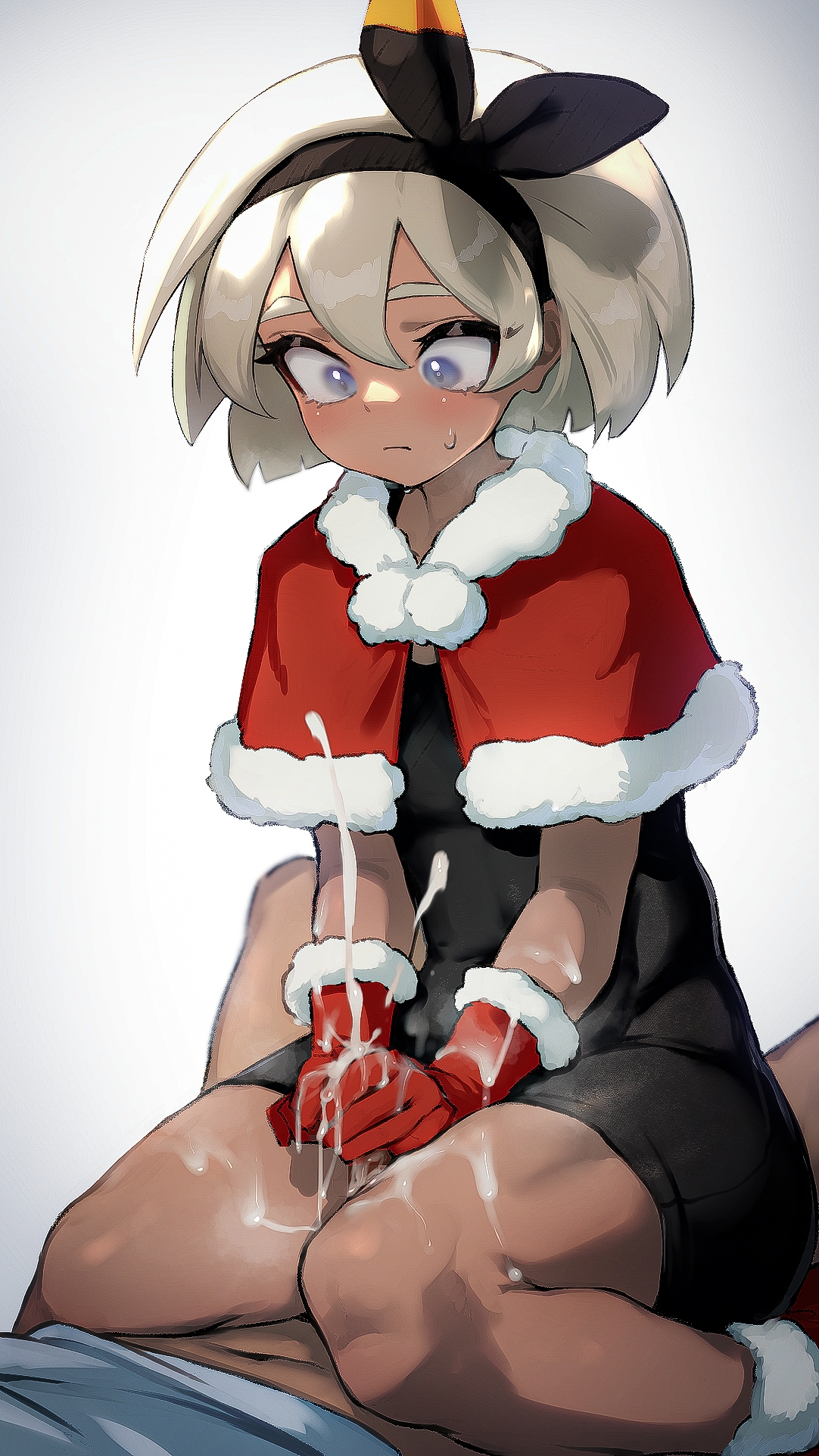 1boy, 1girls, 2021, after sex, bea (pokemon), bottom heavy, breasts, christmas, christmas clothing, christmas outfit, clothed female, clothed sex, covered in cum, cum, cum on body, cum on clothes, cum on gloves, cum on thighs, cumshot, dark skin, dark-skinned female, dark-skinned male, female, femdom, flat chest, fully clothed, fully clothed female, gloved handjob, gloves, handjob, hi res, high resolution, highres, hizake, human, human only, kashu (hizake), looking at penis, male, malesub, nintendo, penis, pokemon, pokemon ss, red gloves, small breasts, thick thighs, thigh sex, wide hips