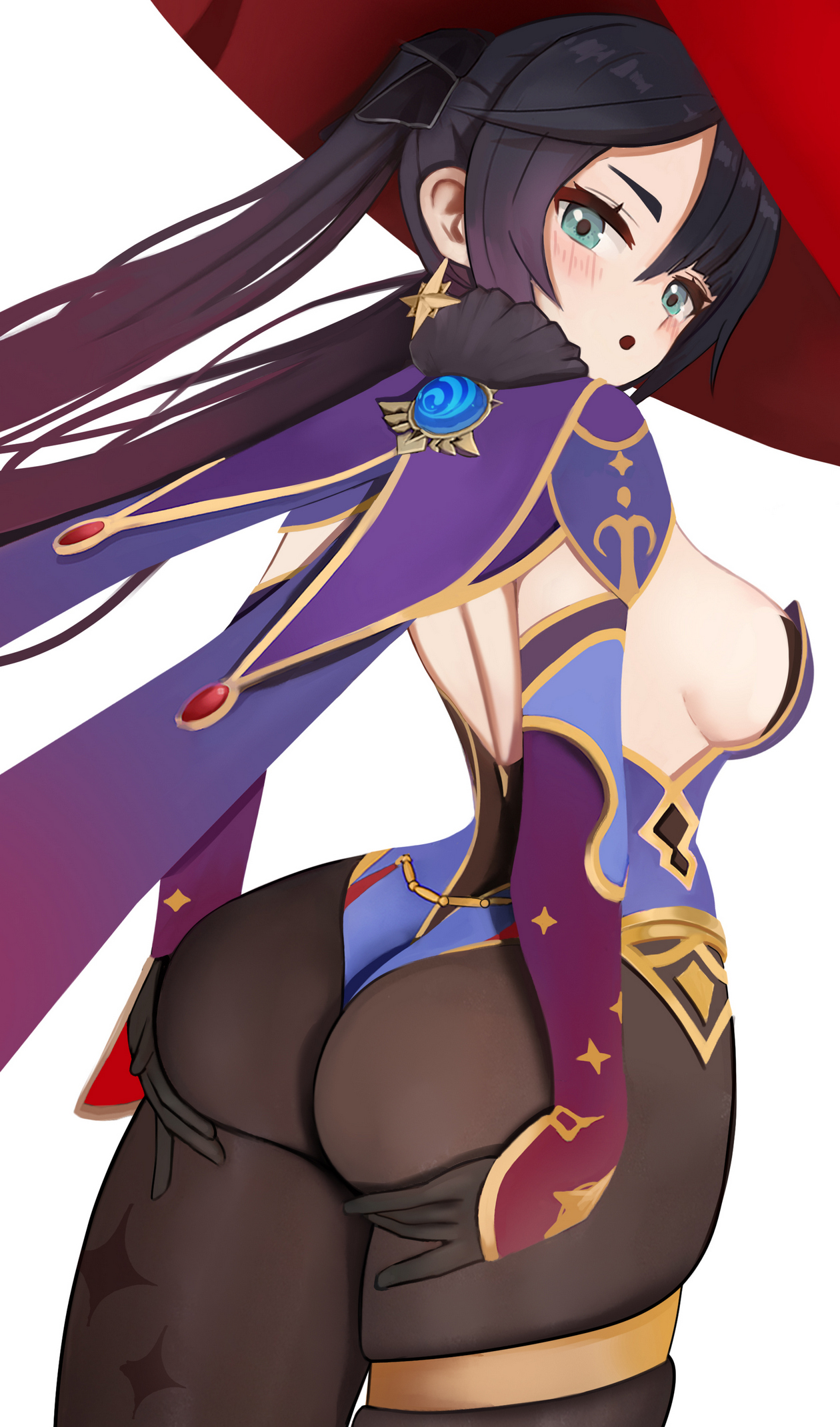 ass, breasts, clothed, clothing, female, genshin impact, invicta luna, mona (genshin impact), sideboob, solo, tagme
