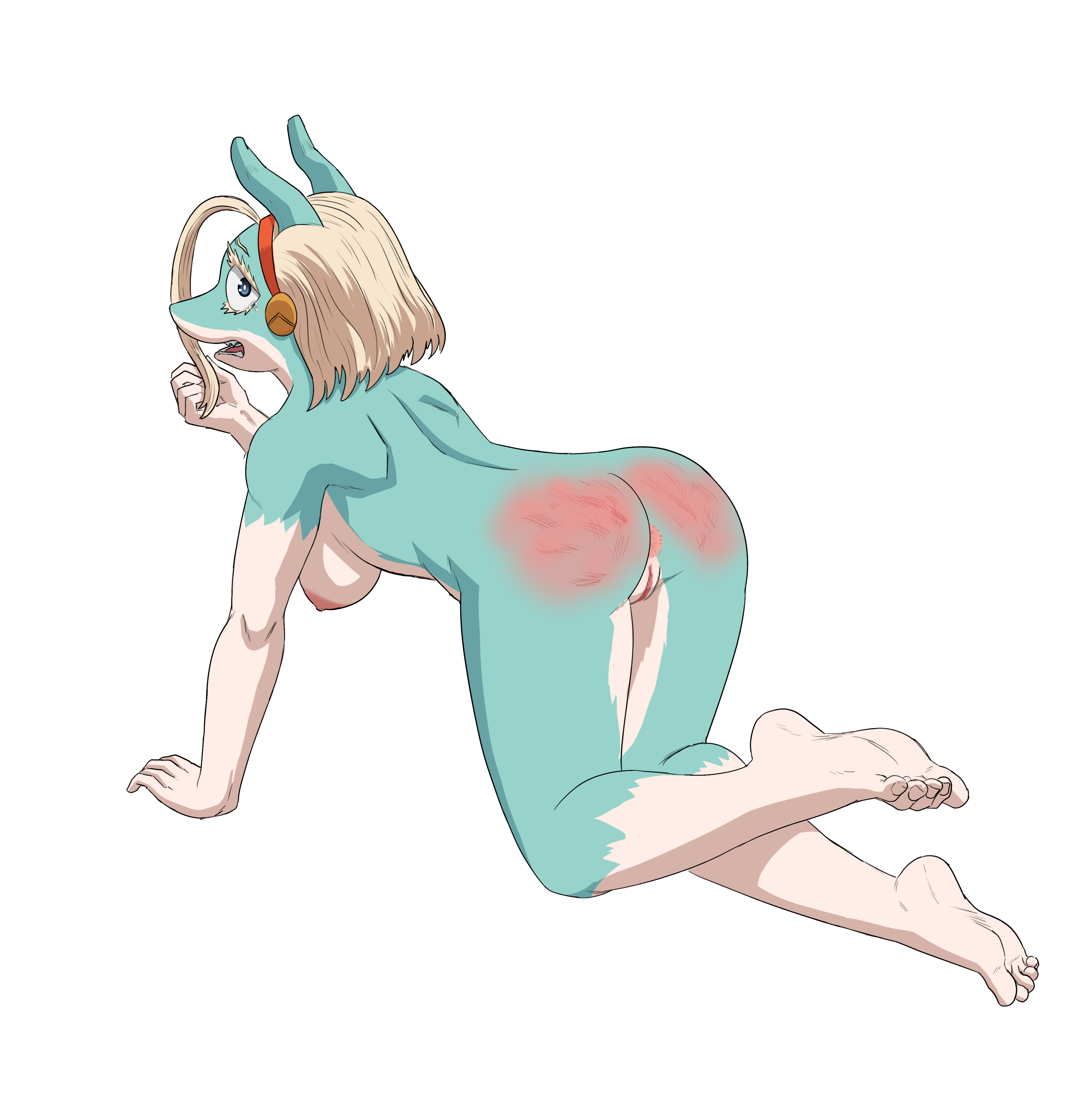 anthro, ass, big ass, big breasts, blonde hair, breasts, feet, female, furry, ippan josei, looking at viewer, looking back, mfuncen, mutant lady (my hero academia), my hero academia, naked, nude, on all fours, pussy, red markings, shy, sideboob, solo, solo female, spanked butt, spanking, submissive, toes, white background
