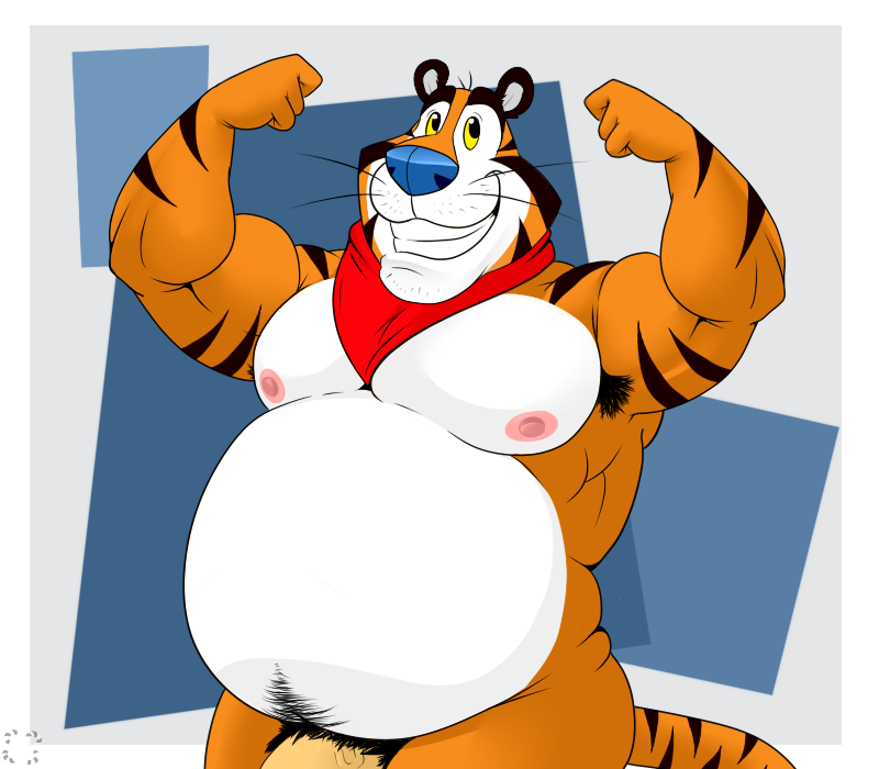 anthro armpit_hair bandana bara bbulala blue_nose body_hair feline frosted_flakes fur furry male_only muscles penis striped_fur tail tiger tony_the_tiger whiskers yellow_sclera