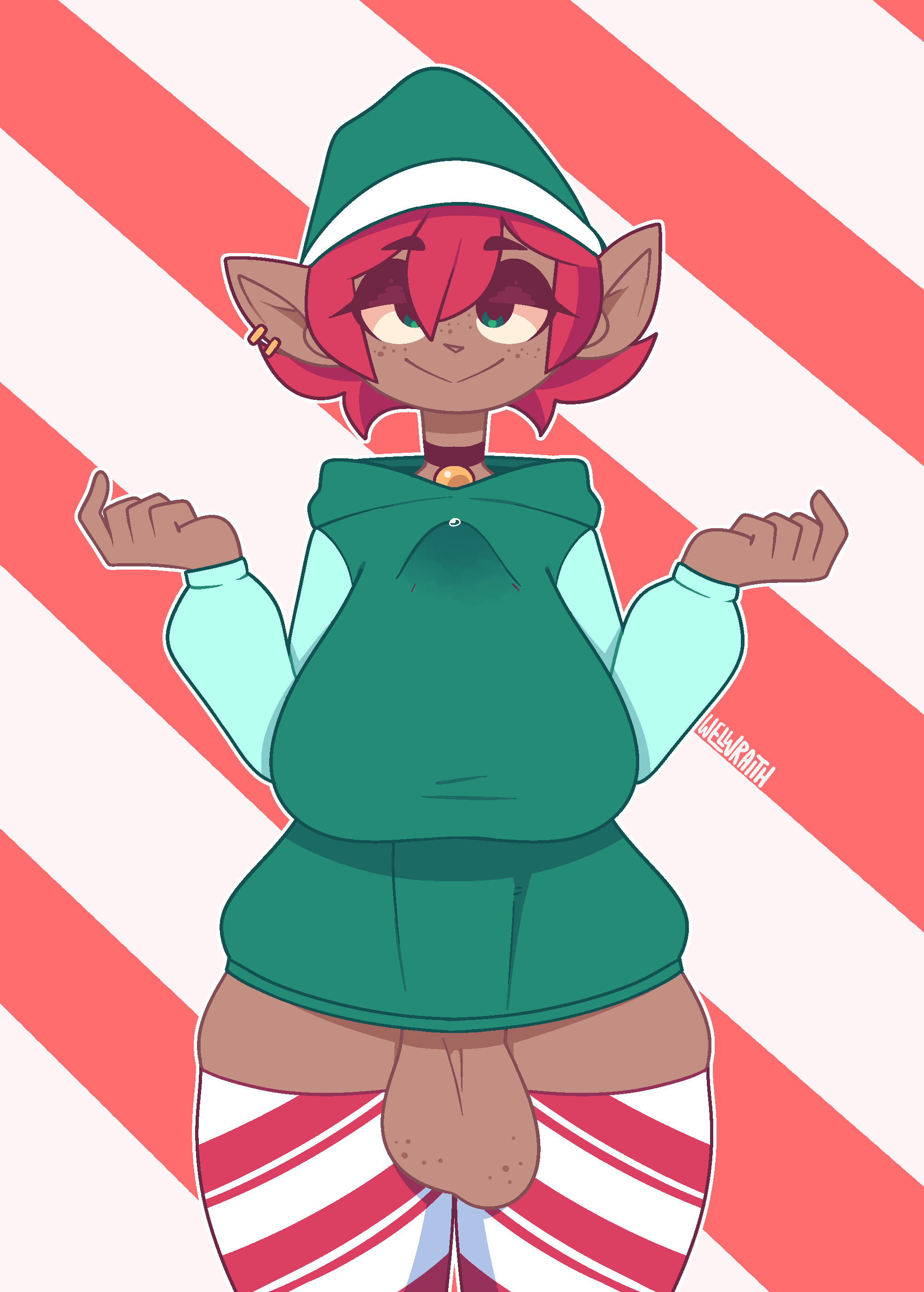 1futa, autopaizuri, autopaizuri under clothes, balls, big balls, bottomless, breasts, christmas, clothed, clothing, dark skin, dark-skinned futa, elf, erection, futa only, futanari, green eyes, half-closed eyes, huge breasts, huge cock, humanoid, humanoid penis, intersex, masturbation, paizuri, paizuri under clothes, partially clothed, penis, precum, precum through clothing, red hair, skindentation, solo, standing, thick thighs, thighhighs, welwraith, wide hips