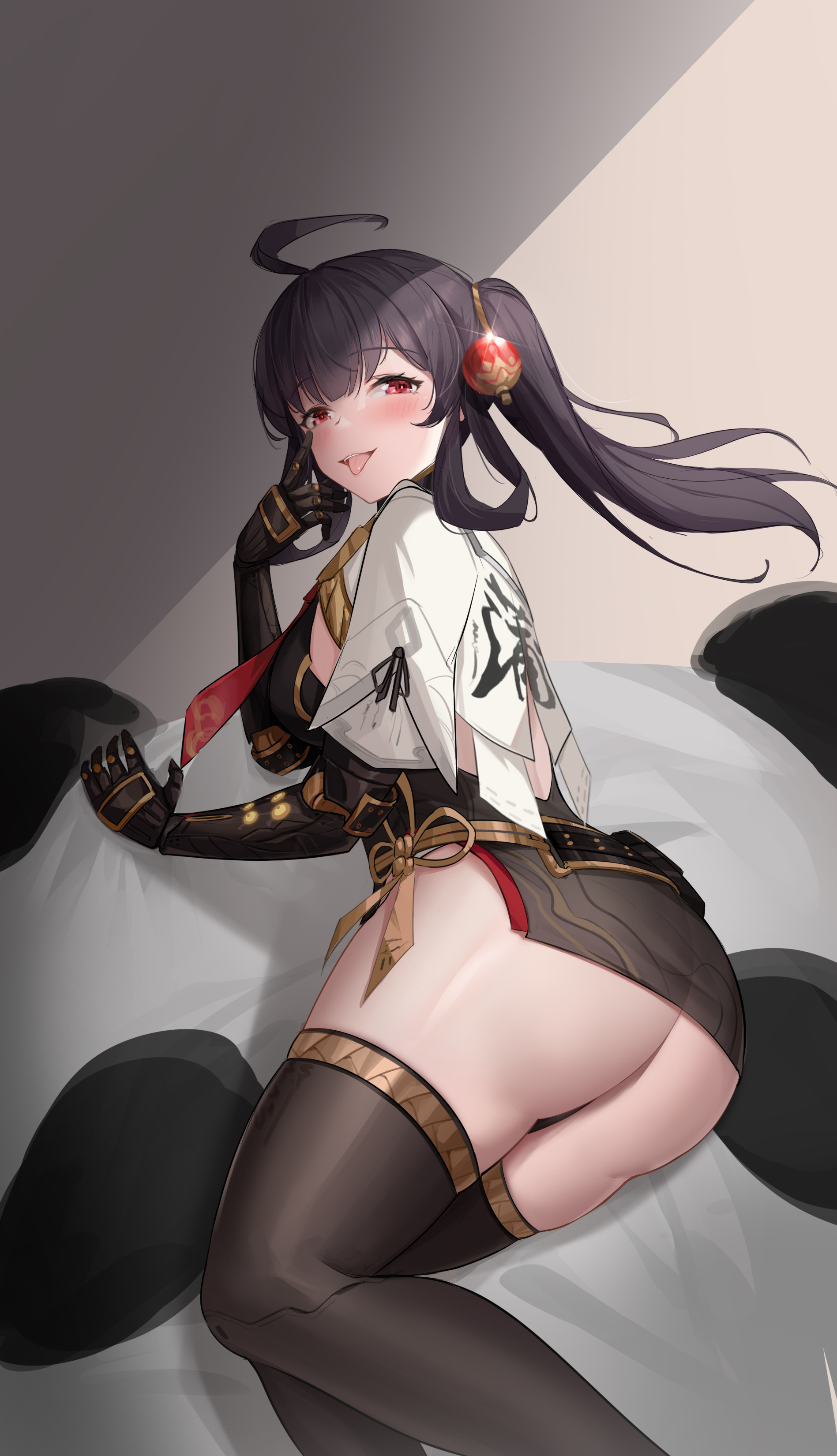 1girls, artist request, ass, bare ass, black hair, blush, breasts, clothed, female, female focus, female only, fully clothed, hair ornament, large ass, looking at viewer, pulao (punishing: gray raven), punishing: gray raven, red eyes, solo, tongue, tongue out, voluptuous