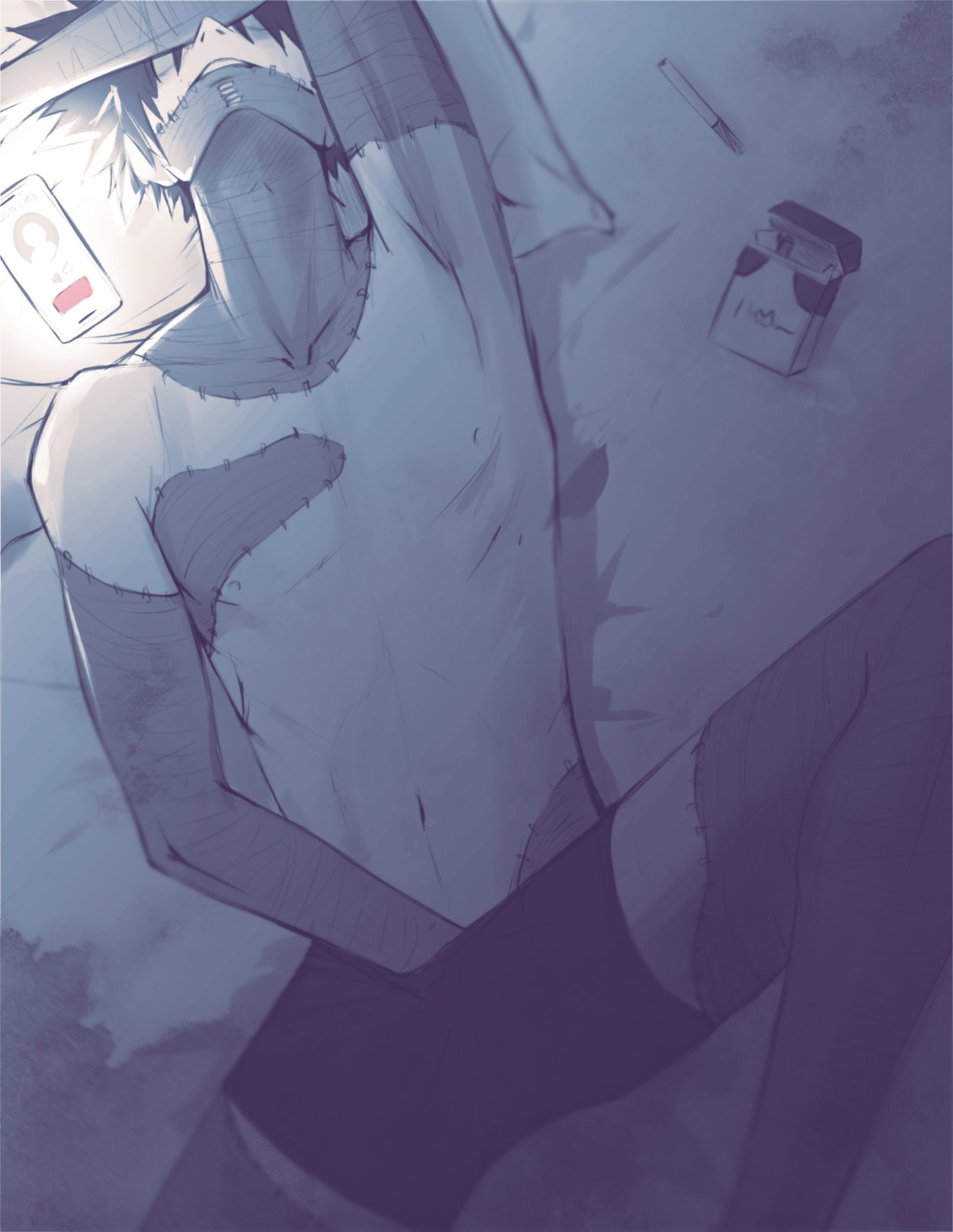 1boy, arm over eyes, cigarette, dabi, hand in underwear, male, male only, masturbation, my hero academia, phone sex, saucybrtt, todoroki touya, touya todoroki, underwear