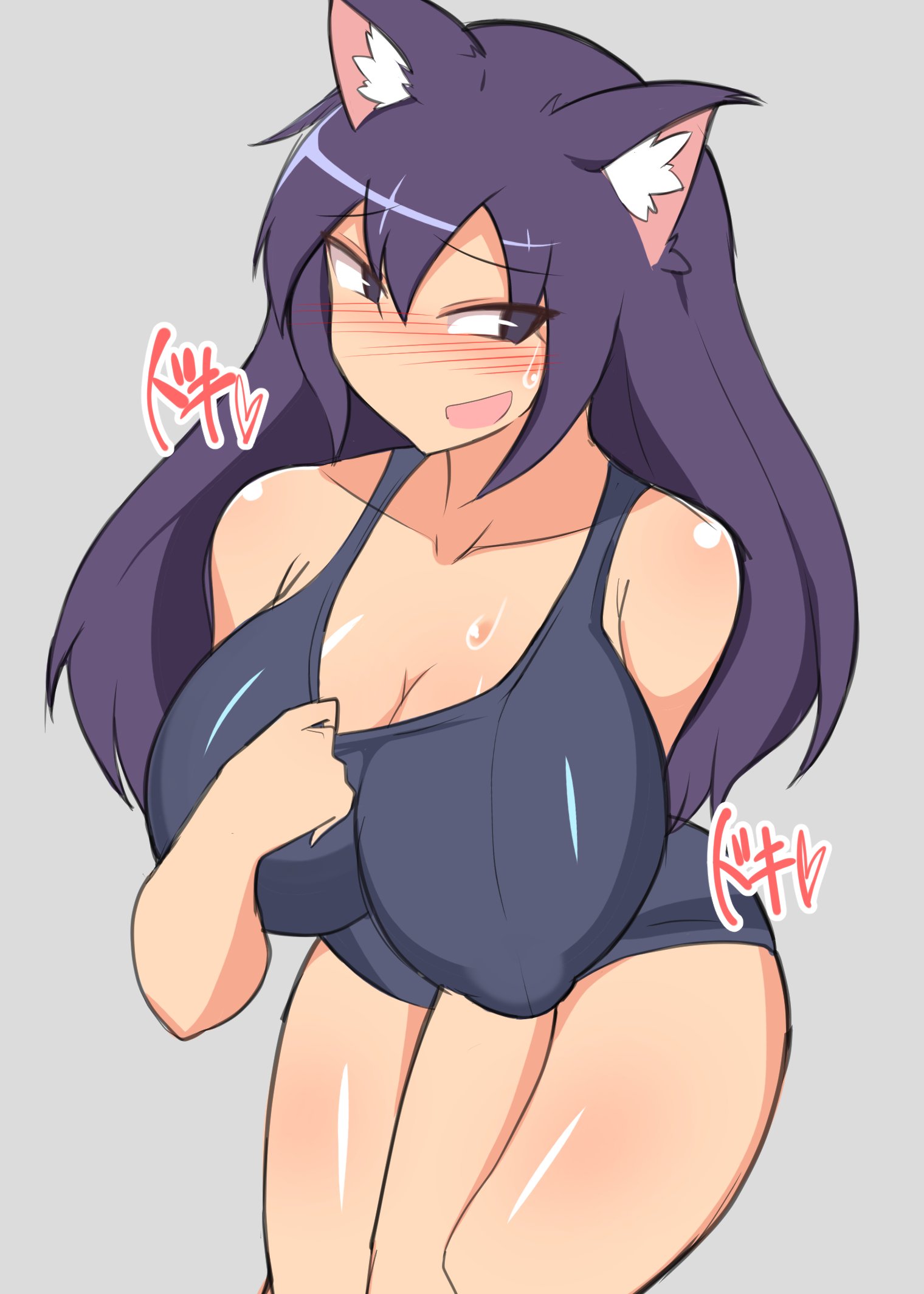 1girls, big breasts, blue swimsuit, blush, breasts, cleavage, clothing, collarbone, commission, female, female only, grey background, kemonomimi, light skin, light-skinned female, mitsuki (hanns33694210), nervous, nipple bulge, okera mushi, open mouth, original, original character, pale skin, pale-skinned female, plain background, pulling clothing, purple ears, purple eyes, purple hair, solo, solo female, standing, sweat, swimsuit, thick thighs, thighs, wolf ears, wolf girl
