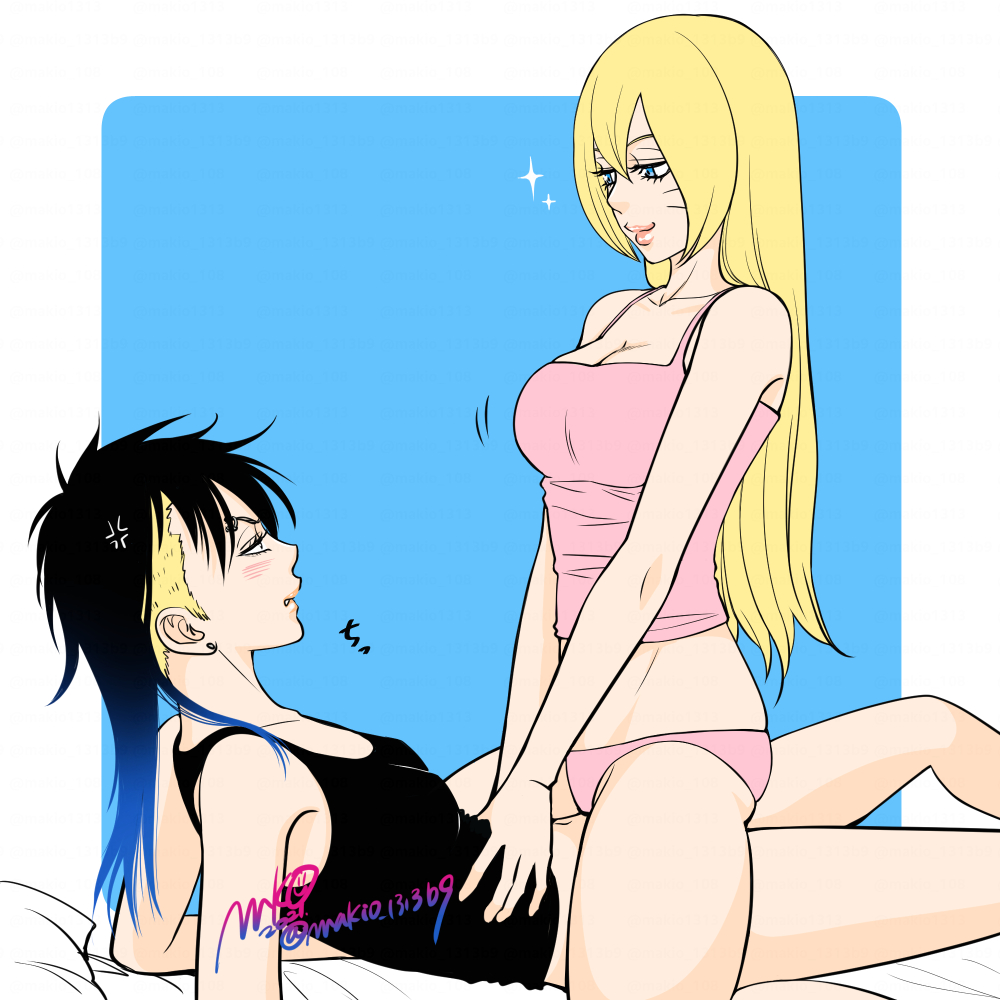 2girls anger_vein angry annoyed bare_legs bare_shoulders black_hair blonde_hair blue_eyes boruko boruto:_naruto_next_generations bottomless breasts canon_genderswap cowgirl_position ear_piercing earrings female female_only gender_transformation genderswap_(mtf) kawaki kneeling lipstick lying_on_back makeup makio131369 multiple_girls naruto naruto_(series) on_top outercourse panties rule_63 sexy_no_jutsu shirt shirt_lift sidecut sitting sitting_on_person sleeveless sleeveless_shirt smile tank_top tank_top_lift tease teasing two_tone_hair undressing undressing_another undressing_partner uzumaki_boruto waist_grab yellow_hair yuri