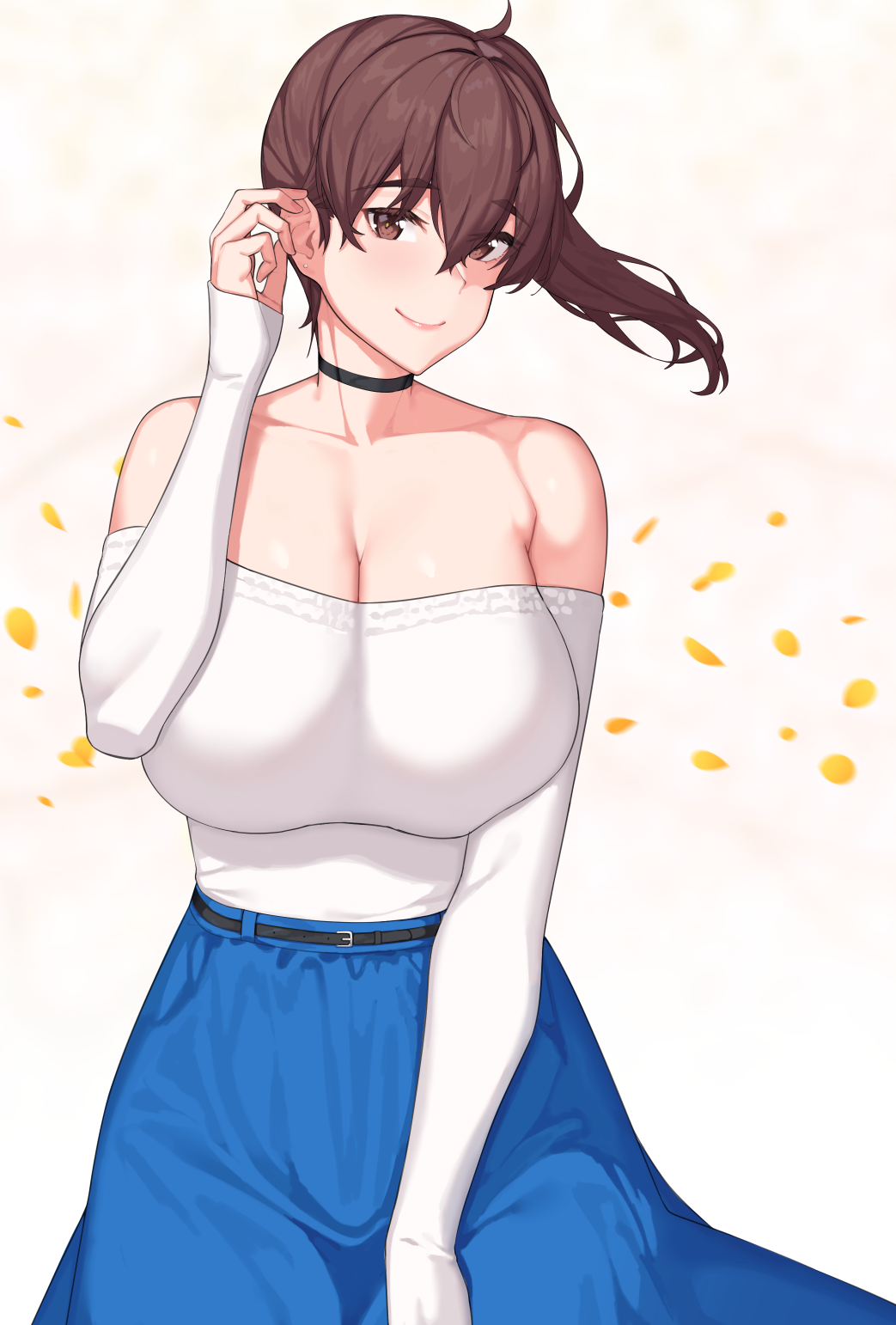 bangs bare_shoulders belt black_belt black_choker blue_dress breasts brown_eyes brown_hair choker cleavage closed_mouth cowboy_shot detached_sleeves dress eyebrows_visible_through_hair female franham hair_between_eyes hair_tucking hand_on_ear highres huge_breasts kaga_(kantai_collection) kantai_collection long_hair long_sleeves looking_at_viewer off-shoulder_shirt off_shoulder petals shirt side_ponytail sleeves_past_wrists smile solo tsurime white_shirt white_sleeves wind