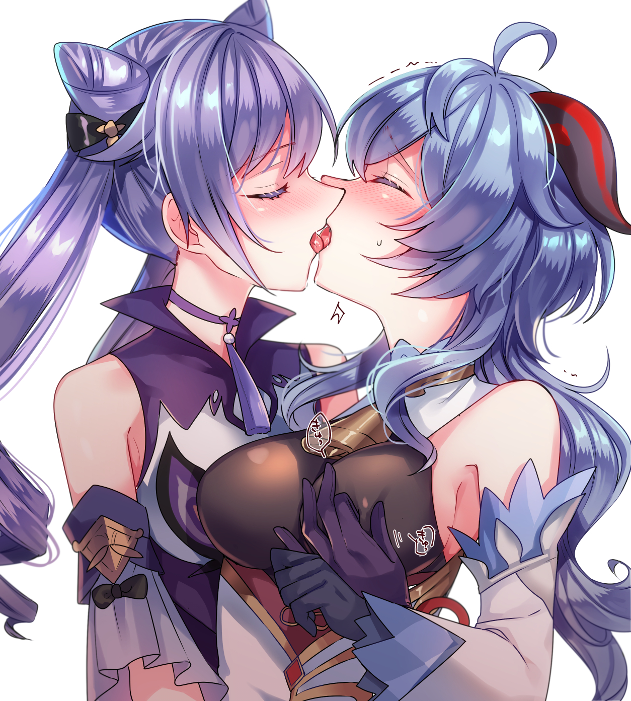 2girls, female, french kiss, ganyu (genshin impact), genshin impact, keqing (genshin impact), kissing, nipple pinch, yuri