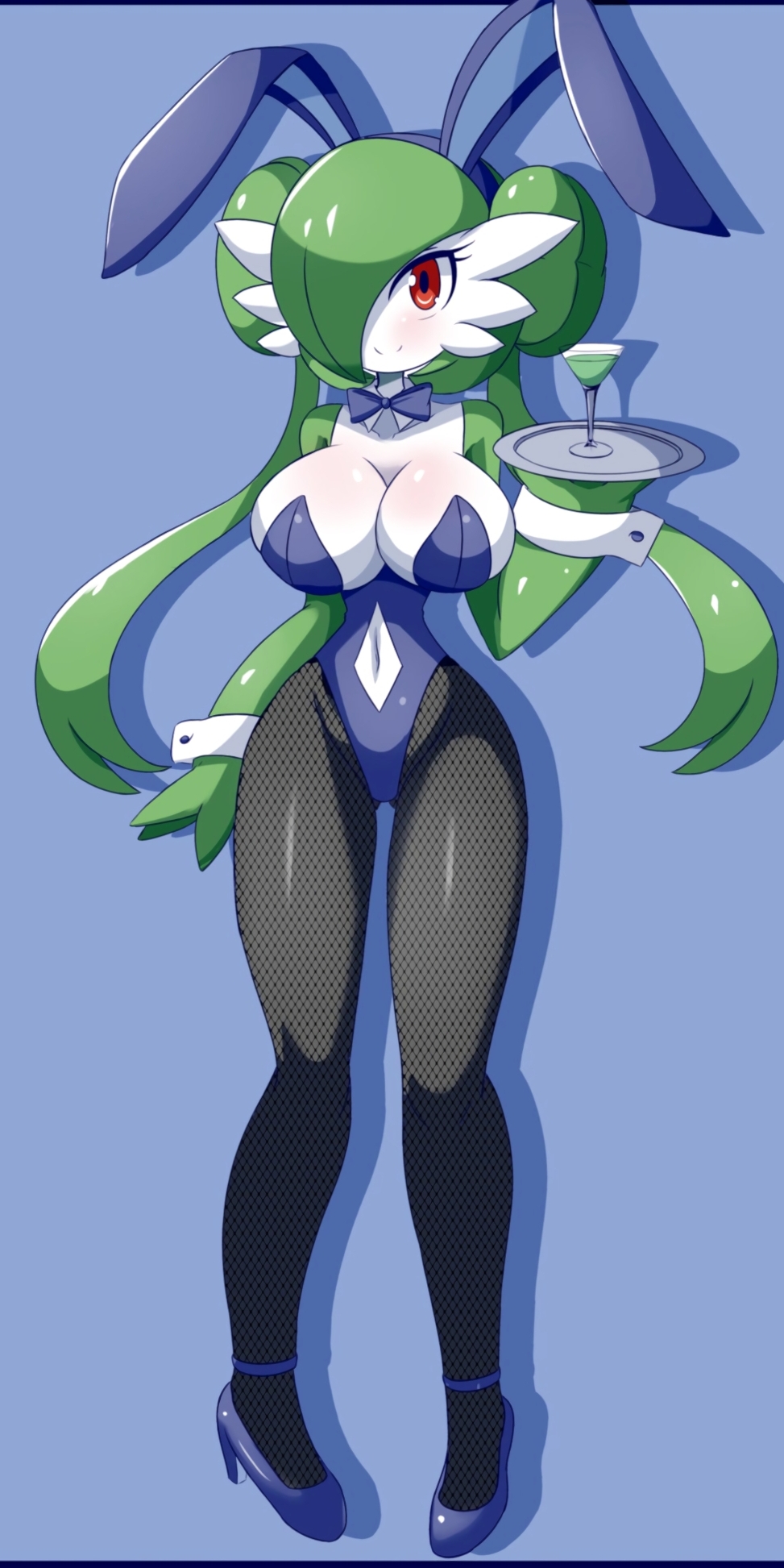 big breasts, blue background, blue theme, blush, breasts, bunny ears, bunnysuit, drink, female, female only, game freak, gardevoir, green hair, green skin, long hair, long legs, looking at viewer, lucyfercomic, nintendo, pokémon (species), pokemon, pokemon (species), red eyes, smile, tights