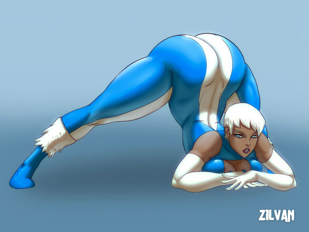 1girls arms_crossed armwear ass ass_focus ass_up big_ass big_breasts blue_background blue_eyes boob_window breasts bubble_ass bubble_butt cleavage cyan_eyes dark-skinned_female dark_skin dat_ass dc dc_comics dcau dimples_of_venus face_down_ass_up facing_viewer female female_only flexible full_body fully_clothed hips ice_(dc) jack-o_pose jackochallenge large_ass large_breasts looking_at_viewer plain_background short_hair simple_background skin_tight skin_tight_suit solo superheroine white_hair wide_hips zilvan