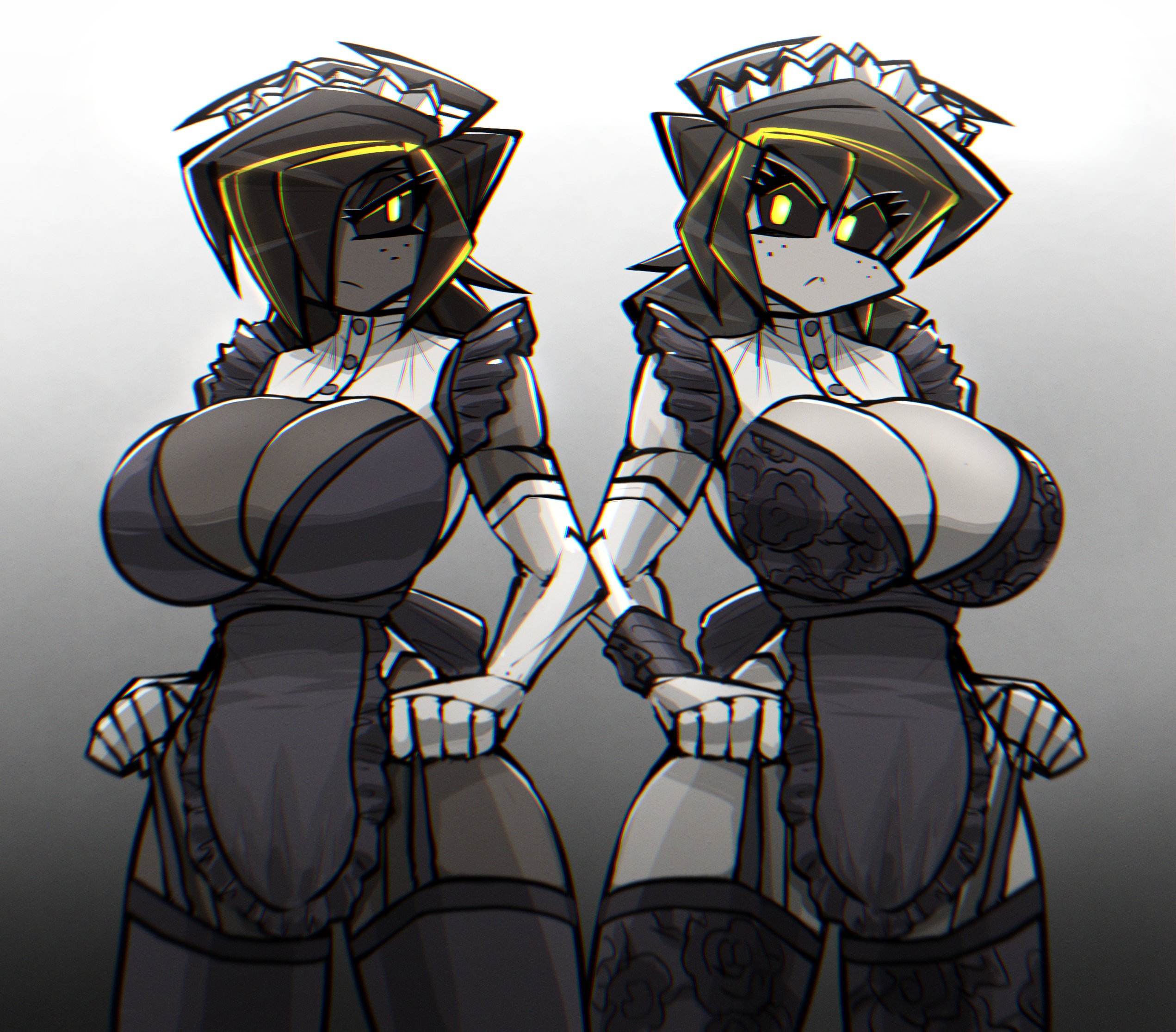 2girls, albry (zzzhodazzz), ass, big ass, big boobs, big breasts, big butt, breasts, female, female only, gigantic ass, gigantic boobies, gigantic breasts, gigantic titties, huge ass, huge breasts, kyurby (zzzhodazzz), maid uniform, mega breasts, tagme, tits, zzzhodazzz