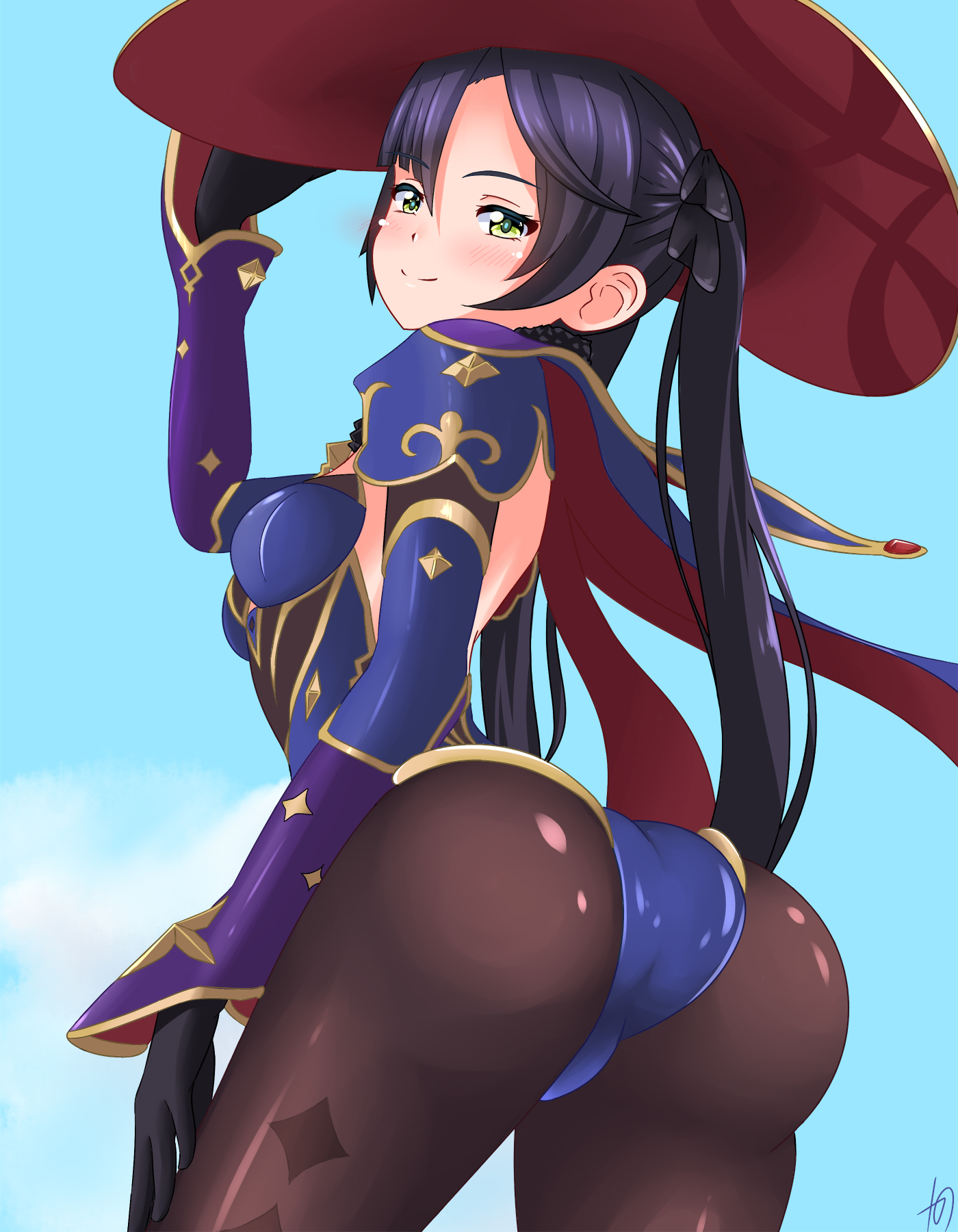 ass, breasts, clothed, clothing, female, genshin impact, hat, mona (genshin impact), sideboob, solo, tagme
