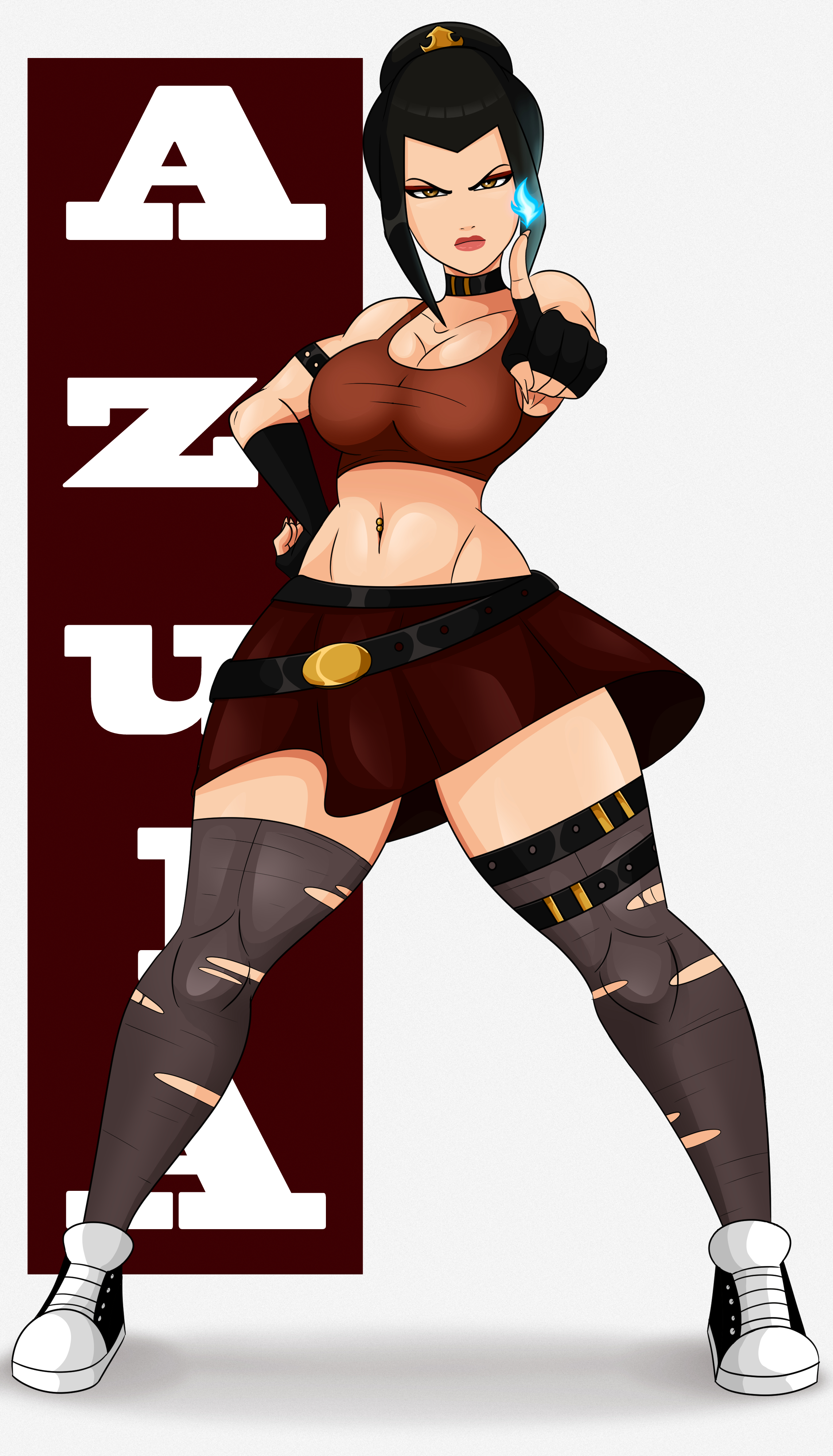 1girls, 2:3, arm band, avatar the last airbender, azula, bare shoulders, belly, belt, big breasts, black choker, black gloves, black hair, black thighhighs, blue fire, breasts, character name, choker, cleavage, clothed, clothing, crop top, digital media (artwork), female, female only, fingerless gloves, fire, fire nation, firebending, gloves, hair, hair bun, hair ornament, half-closed eyes, hi res, highres, large breasts, legs apart, legwear, light skin, light-skinned female, lipstick, looking at viewer, navel, navel piercing, nickelodeon, piercing, red lipstick, red skirt, shoes, simple background, skirt, sneakers, solo, sonson-sensei, standing, stockings, thick thighs, thigh belt, thighhighs, thighs, torn thighhighs, white background, white shoes, wide hips, yellow eyes