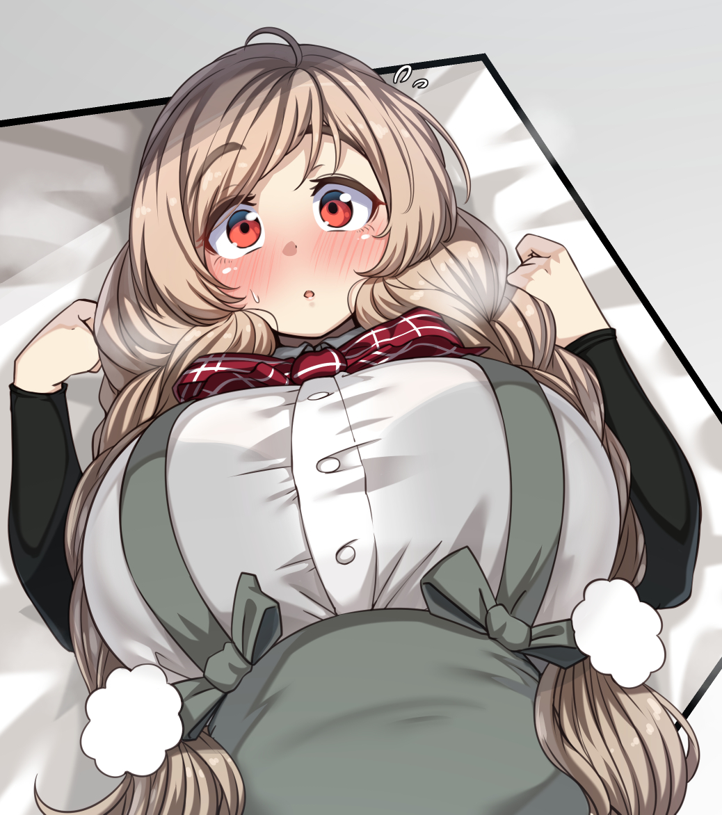 big breasts, blush, bra visible through clothes, braided hair, breasts, female, female only, fully clothed, kantai collection, light brown hair, long hair, long sleeves, looking at viewer, minegumo (kantai collection), on back, red eyes, ryuun (stiil), surprised, suspenders, sweatdrop, tight clothing, upper body, visible breath