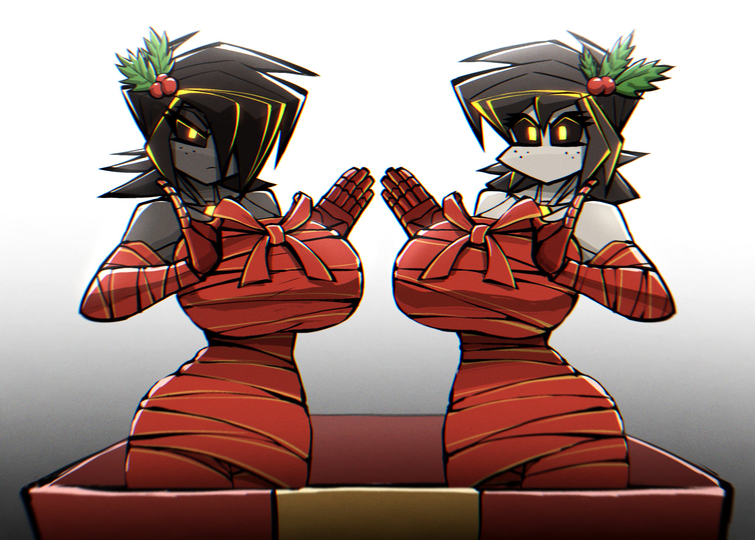 2girls, albry (zzzhodazzz), big breasts, breasts, christmas, christmas outfit, female, kyurby (zzzhodazzz), multiple females, multiple girls, wrapped breasts, zzzhodazzz