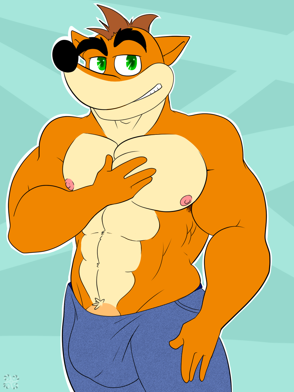 1boy abs anthro armpit_hair bandicoot bara bbulala brown_hair bulge crash_(series) crash_bandicoot fur furry furry_only green_eyes male male_only muscular nipples no_underwear orange_fur pants penis_slip pubic_hair shorts simple_background solo video_games