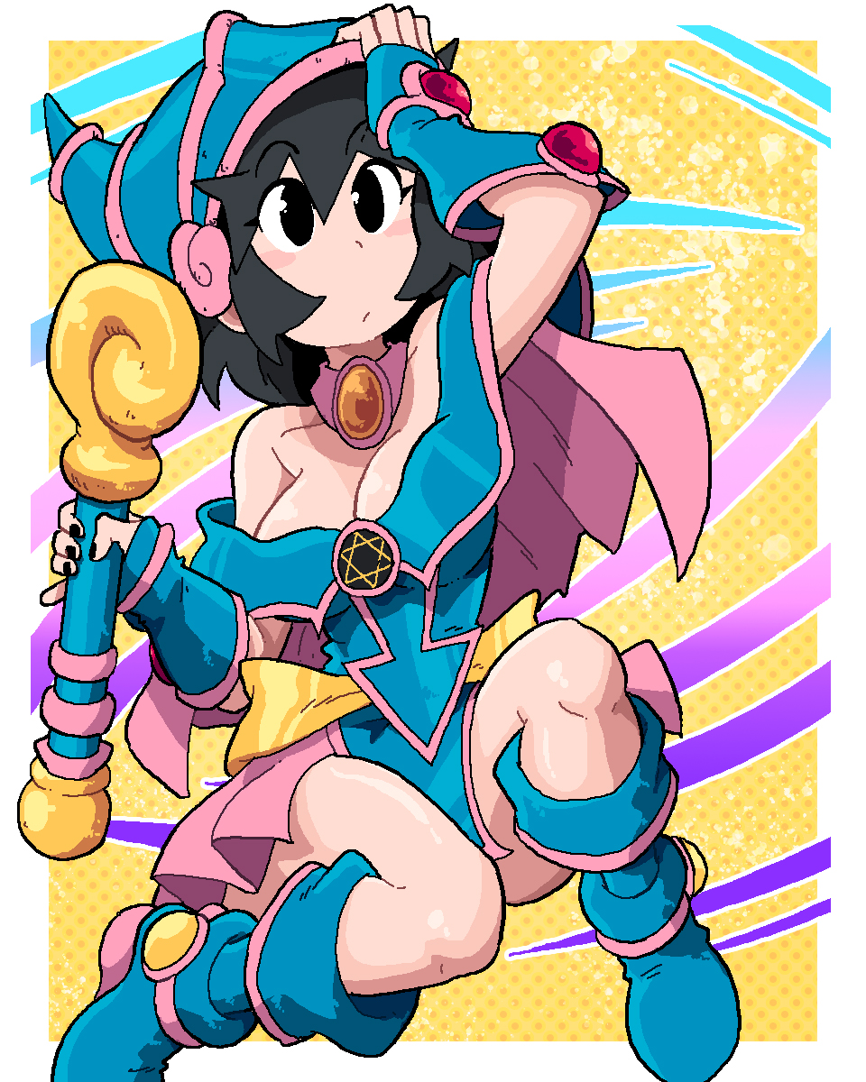 alternate outfit, black eyes, black hair, breasts, cleavage, dark magician girl, dark magician girl (cosplay), female, lucia (scott malin), magic, scott malin, yu-gi-oh!