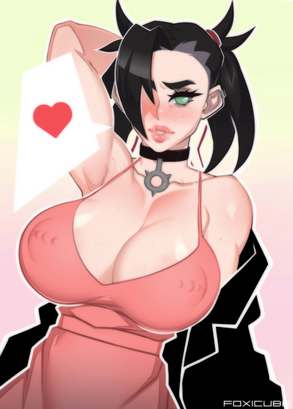 alternate breast size, armpits, big breasts, breasts, erect nipples, erect nipples under clothes, female, foxicube, green eyes, huge breasts, marnie (pokemon), nipple piercing, nipples, piercing, pokemon, pokemon ss