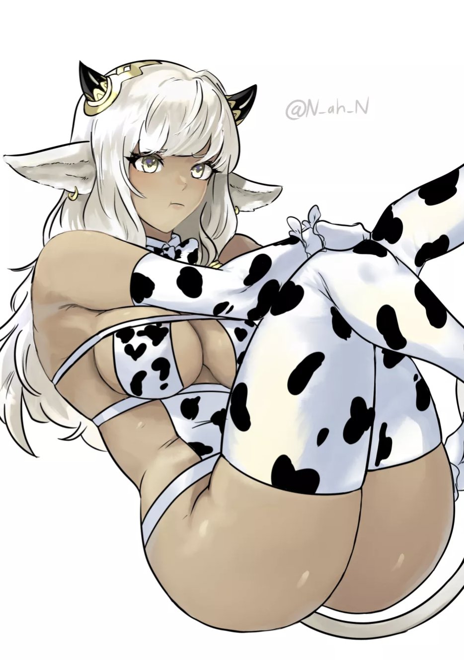 1girls ash_(fire_emblem) ass bare_thighs big_ass breasts cow_girl cow_print dark-skinned_female dark_skin earrings elbow_gloves eyepatch_bikini female_only fire_emblem fire_emblem_heroes gloves grey_eyes grey_hair long_hair medium_breasts n_ah_n nintendo pointy_ears pout solo tail thighhighs thighs white_background year_of_the_ox yellow_eyes