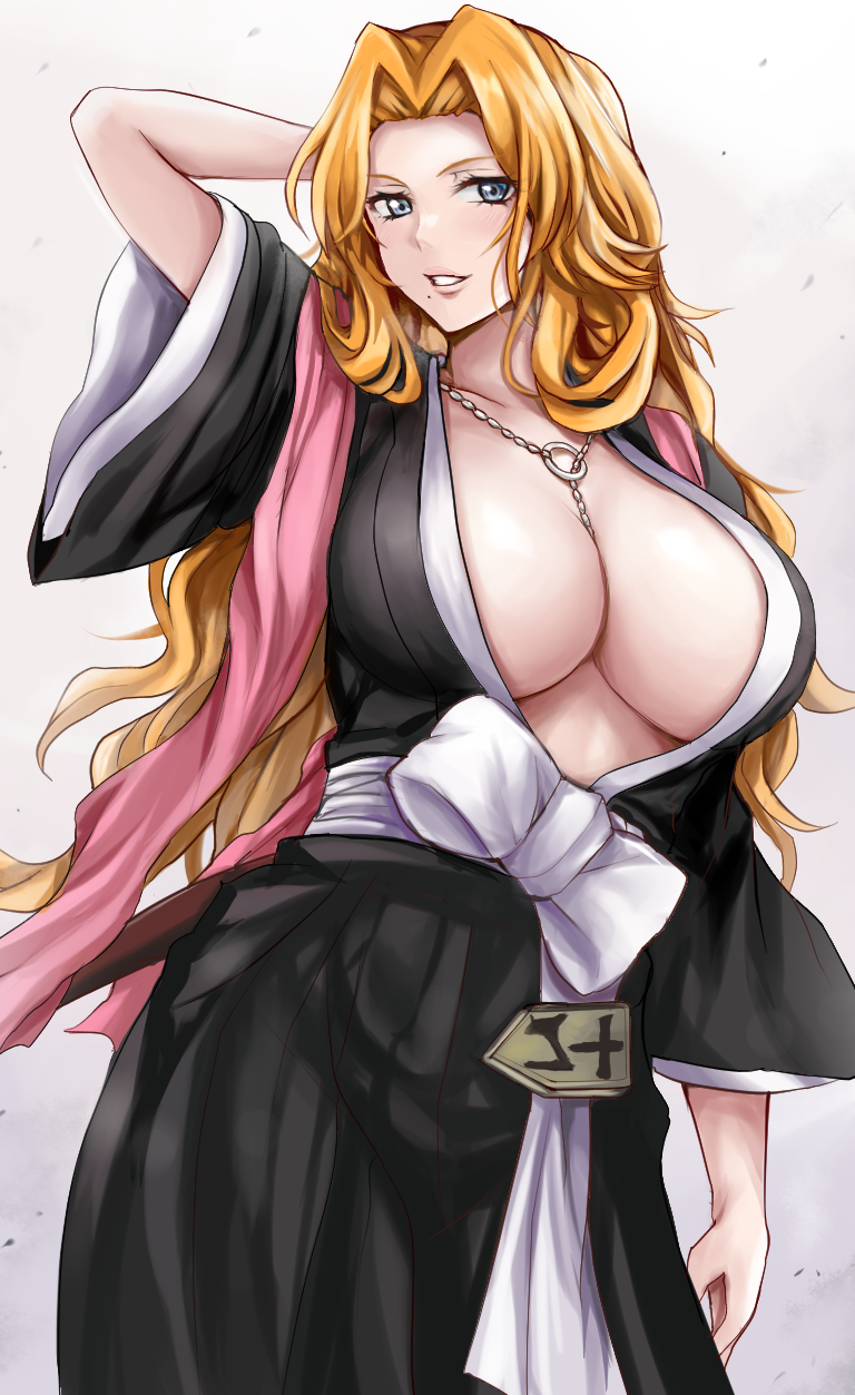 1girls arm_behind_head badge bangs black_kimono bleach blue_eyes breasts cleavage commentary_request contrapposto female female_only fukutaichou_badge highres japanese_clothes kimono large_breasts long_hair looking_at_viewer matsumoto_rangiku mole mole_under_mouth o-ring orange_hair parted_bangs parted_lips r-binon sash shinigami simple_background smile solo voluptuous