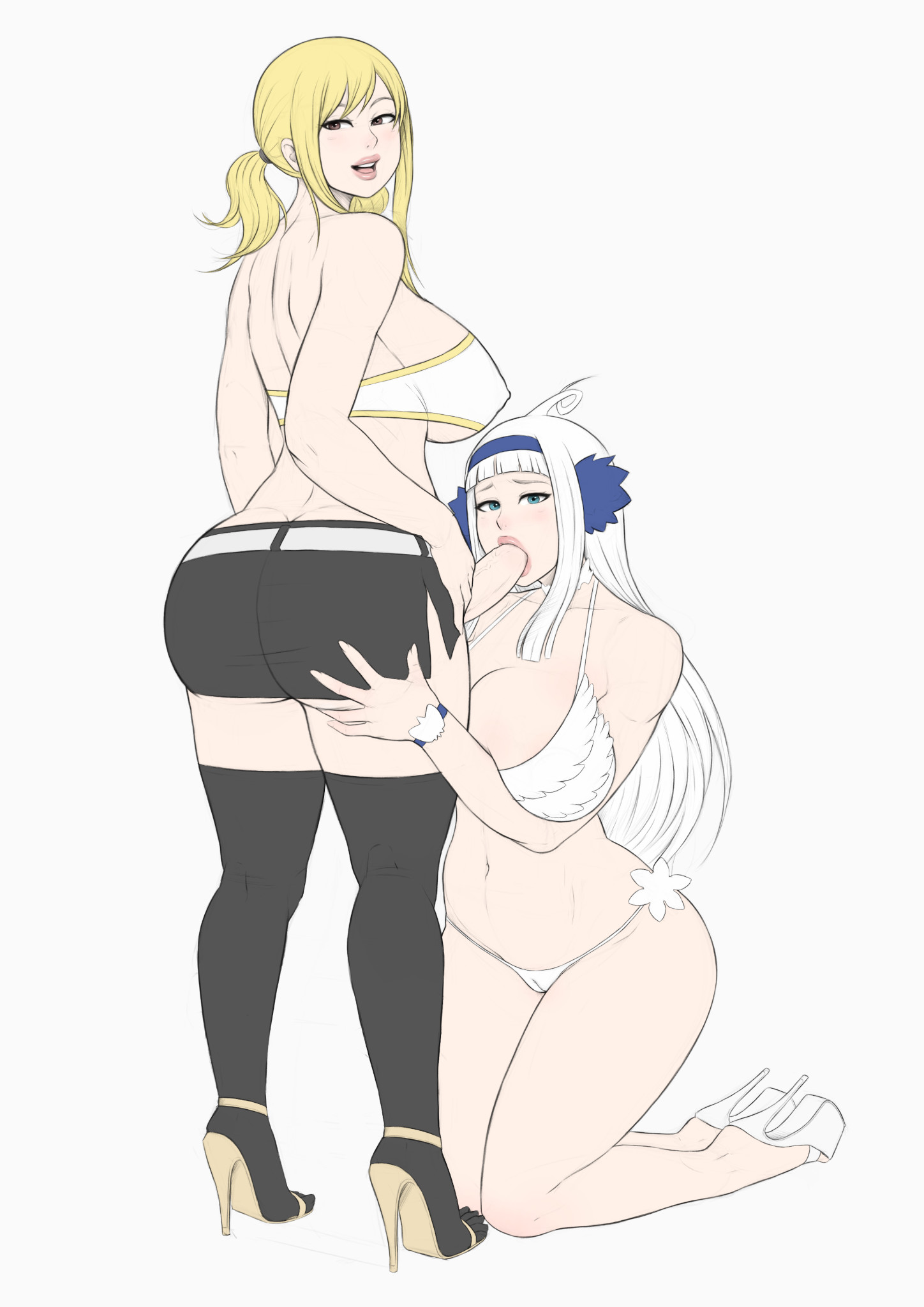 1futa, 1girls, abyssdagon, angel (fairy tail), ass, ass cleavage, ass crack, back view, balls, big ass, big breasts, big penis, bikini, blowjob, breasts, butt crack, clothed, clothing, duo, erection, fairy tail, fellatio, female, futa on female, futanari, high heels, human, intersex, kneeling, light skin, light-skinned female, light-skinned futa, looking at viewer, looking back, lucy heartfilia, mostly nude, oral, pale skin, penis, platform heels, sex, sorano aguria, standing, voluptuous