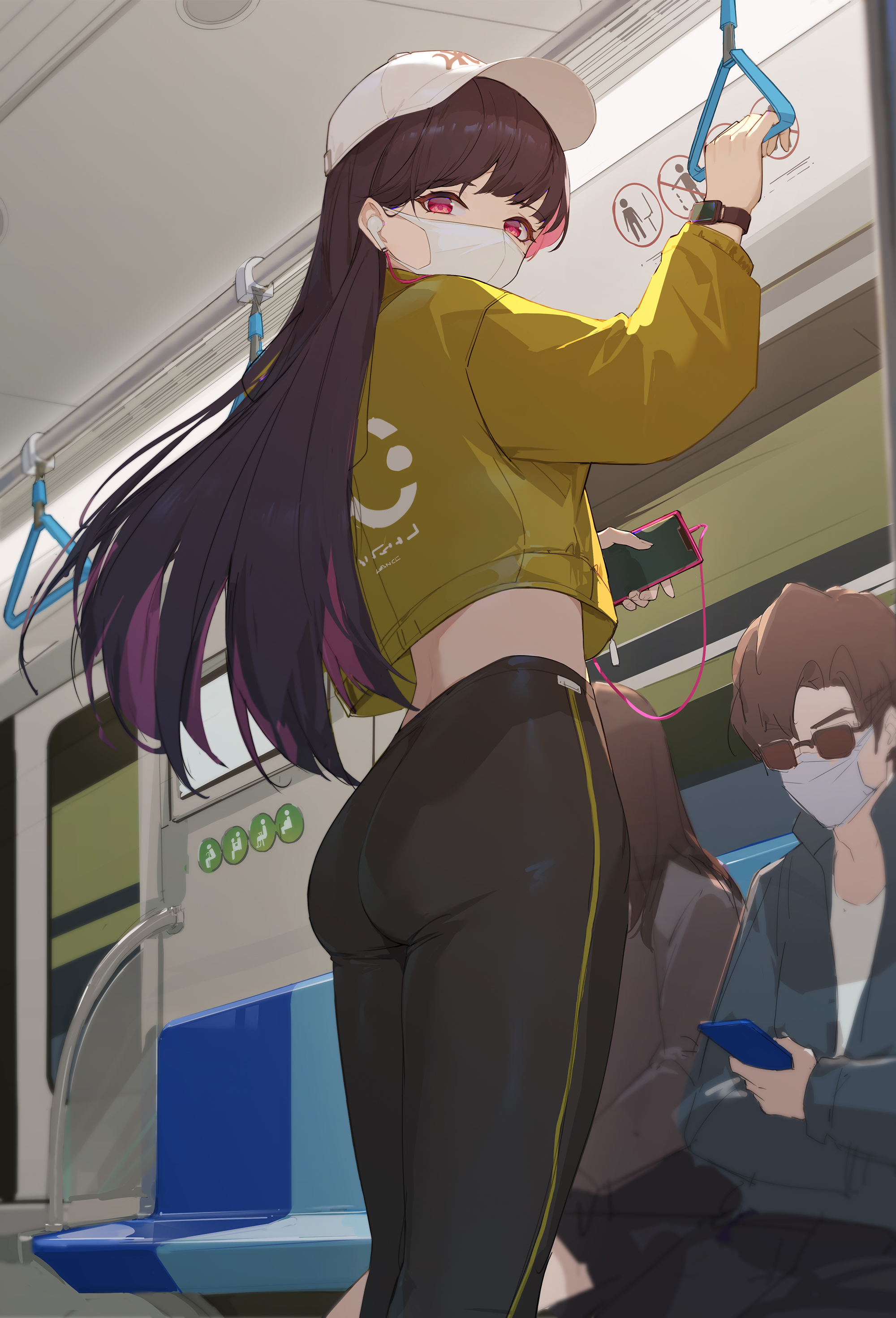 ass, ass focus, black legwear, bubble ass, bubble butt, clothed, clothing, earphones, face mask, female, female focus, hat, hi res, human, jacket, leggings, looking at viewer, mask, original, original character, phone, pink eyes, public, purple hair, standing, train, train interior, yoga pants
