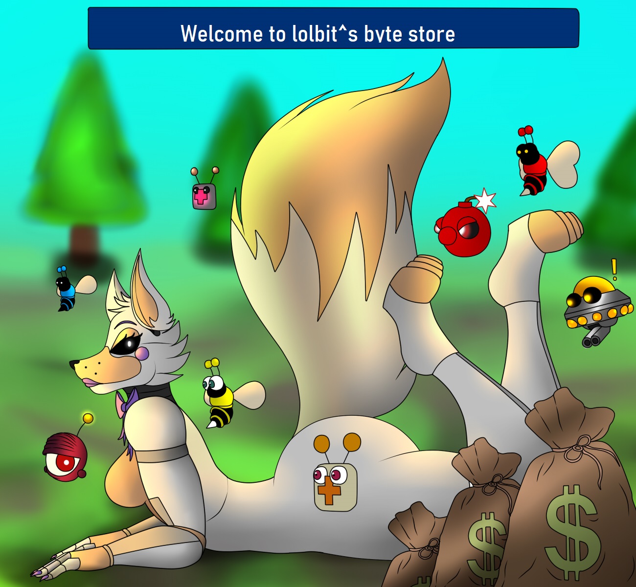 anthro, ass, big ass, big butt, breasts, canid, canine, canis, curvy figure, female, female/female, five nights at freddy's, five nights at freddy's world, fox, group, hi res, lolbit (fnaf), looking at viewer, lying, machine, mammal, photolol.03, robot, scottgames, text, video games, voluptuous, wide hips