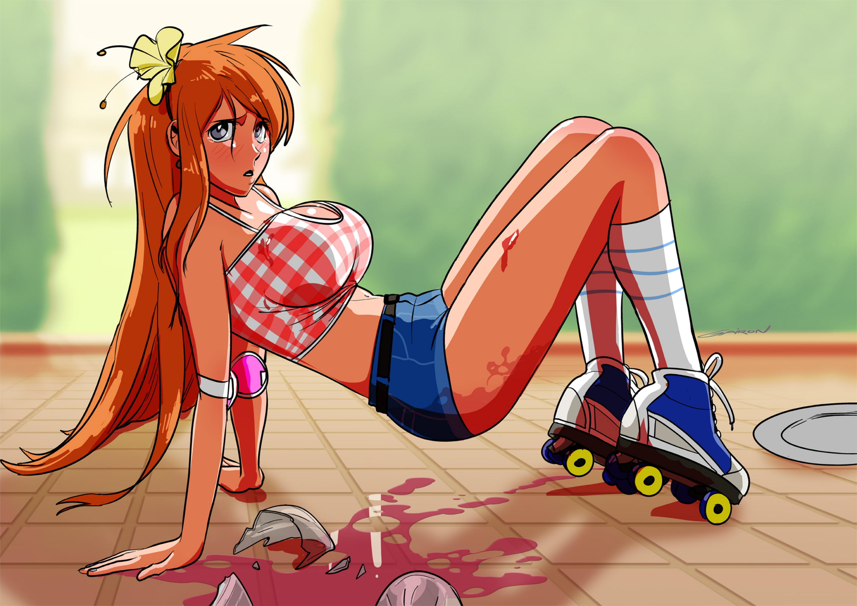 1girls, arm support, bent knees, big breasts, bleach, blush, breasts, broken glass, busty, clumsy, crop top, elbow pads, embarrassed, female, female only, flower, flower in hair, gairon, hair ornament, hairband, huge breasts, inoue orihime, long hair, lying, midriff, on back, on floor, orange hair, purple eyes, revealing clothes, roller skates, shirt, short shorts, shorts, sleeveless, sleeveless shirt, socks, solo, solo focus, tight clothing, tray, tripping, waitress