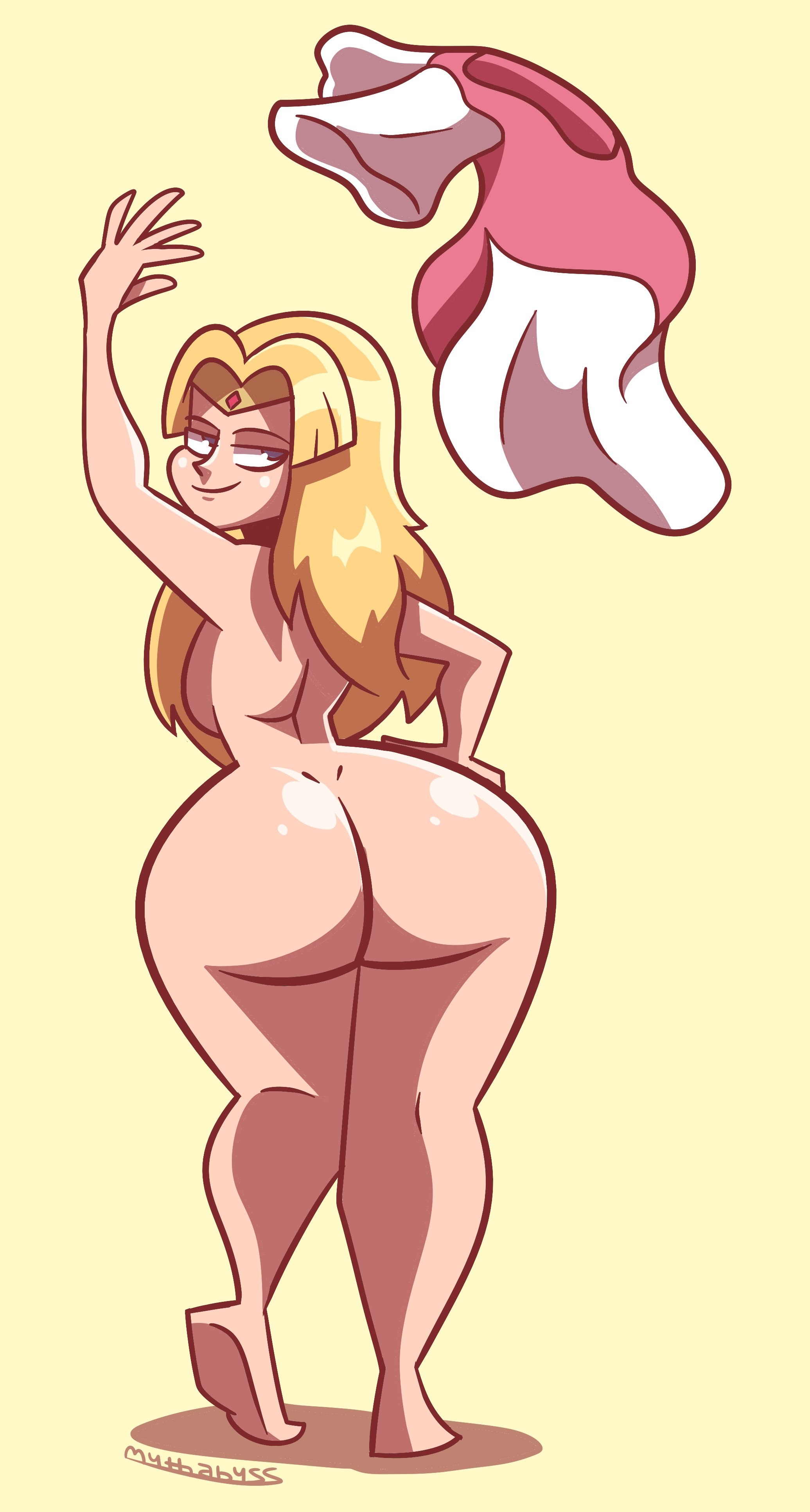 1girls, ass, ass crack, blonde hair, bubble ass, bubble butt, butt crack, clothes removed, clothing, dress, fat ass, female, female focus, female only, from behind, full body, huge ass, legs, looking back, mythabyss, nintendo, nude, nude female, princess zelda, removing clothing, seductive, seductive eyes, seductive look, seductive smile, simple background, solo, standing, taking clothes off, the legend of zelda, thick thighs, thighs, watermark, wide hips, zelda (a link between worlds)