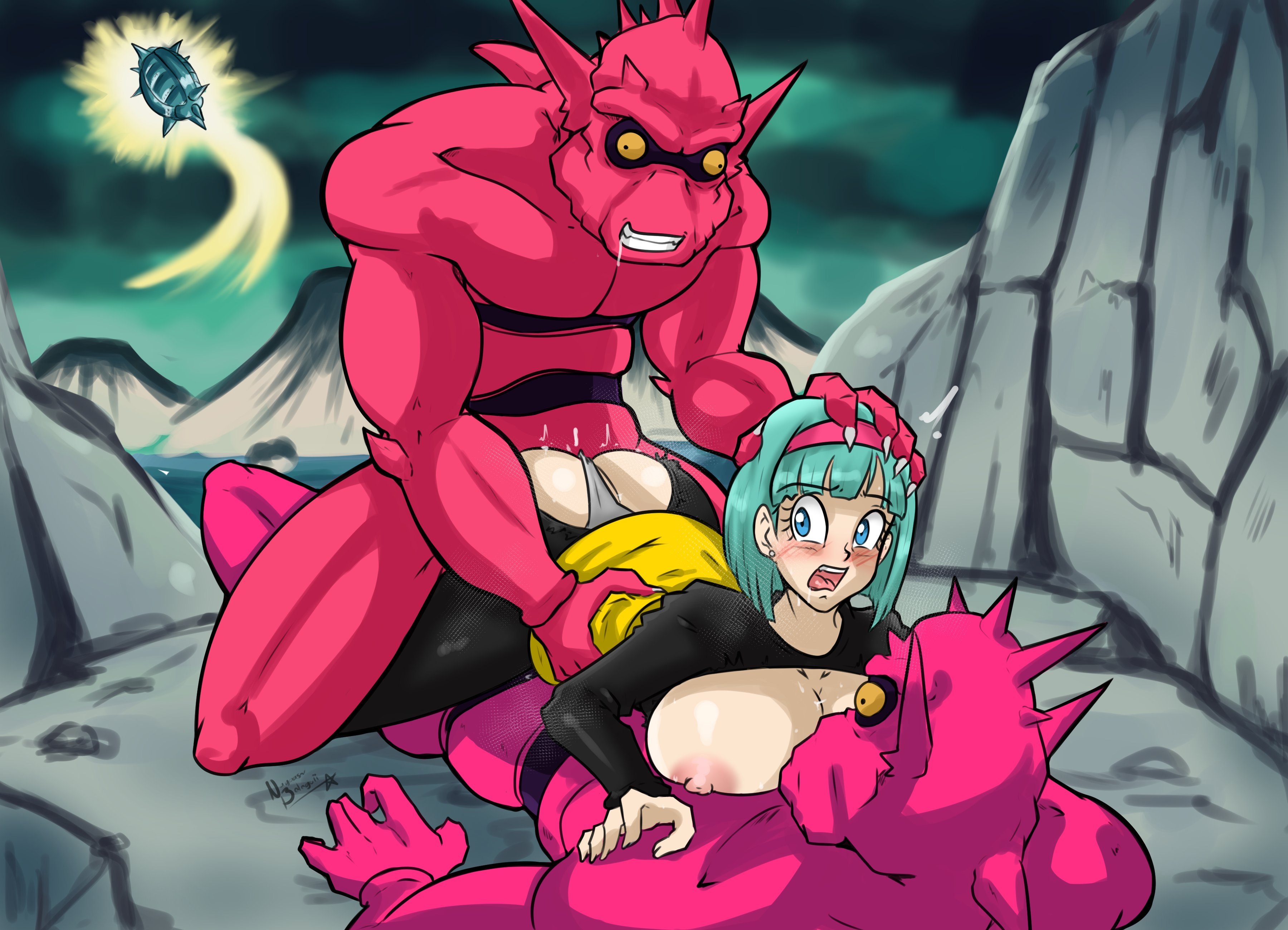 1girls, 2boys, alien, alien/human, anal, anal sex, aqua eyes, aqua hair, big breasts, blue eyes, blue hair, blush, breasts, bulma briefs, bulma briefs (frieza saga), clothed female nude male, doggy style, double penetration, dragon ball, dragon ball z, drool, drooling, female, female human, femsub, from behind, from behind position, grin, grinning, hairband, half-closed eyes, head grab, human, implied penetration, interspecies, lidded eyes, light blue eyes, light blue hair, male, maledom, medium hair, monster, nayaase beleguii, nipples, open mouth, panties, panties aside, penetration, pink body, pink skin, pussy, raiti, rape, sex, straight, threesome, torn clothes, torn clothing, torn legwear, torn pants, vaginal, vaginal penetration, vaginal sex, yellow eyes, zaacro