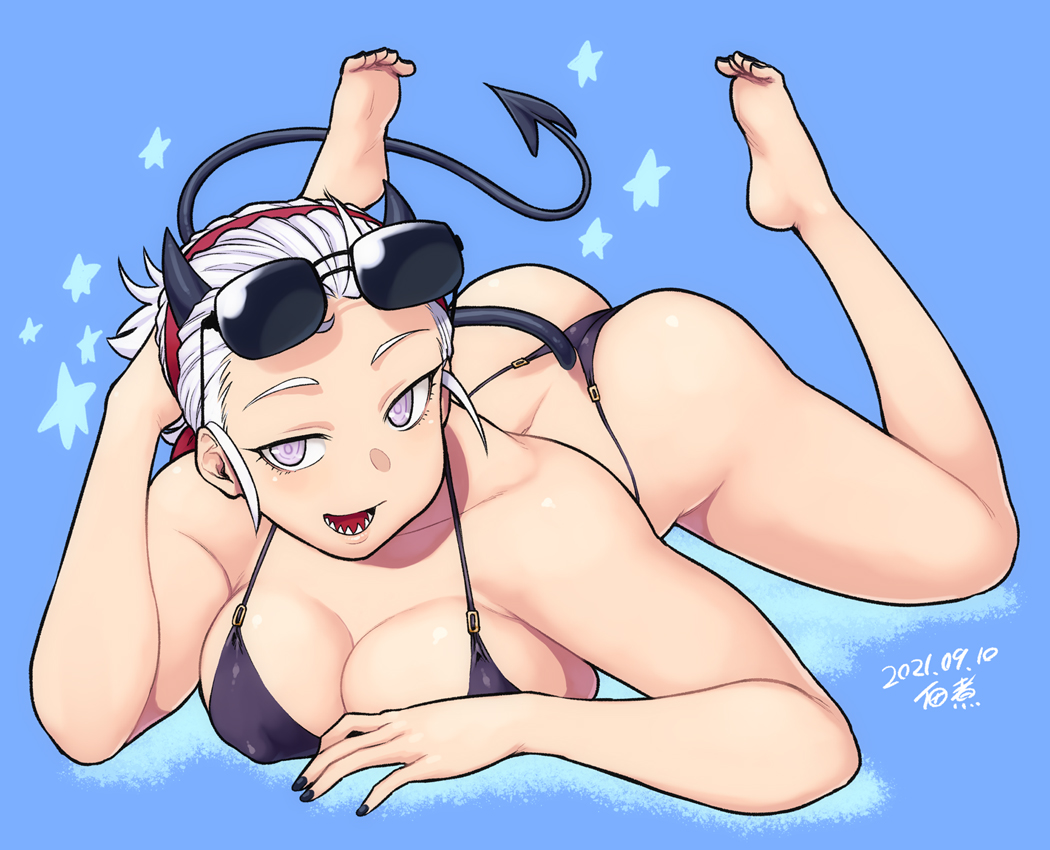 ass ass_up barefoot big_ass big_breasts bikini black_bikini blind breasts cleavage demon_girl demon_horns demon_tail erect_nipples erect_nipples_under_clothes helltaker horns justice_(helltaker) large_breasts looking_at_viewer sanpaku sharp_teeth sunglasses sunglasses_on_head swimsuit tagme tail top-down_bottom-up tsukudani_(coke-buta) white_eyes white_hair