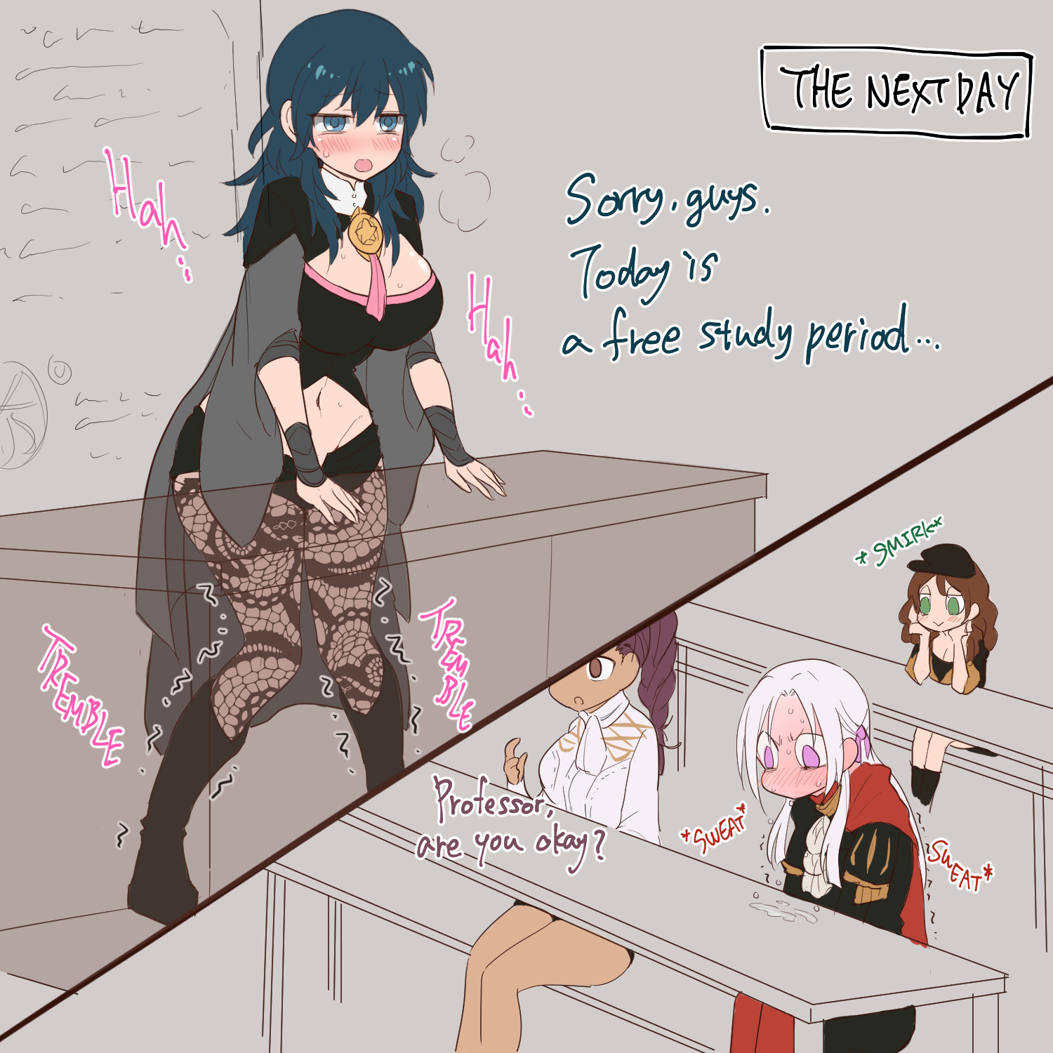 after sex, bare legs, breasts, byleth (fire emblem), byleth (fire emblem) (female), cleavage, dorothea arnault, edelgard von hresvelg, english text, exhausted, female, fire emblem, fire emblem: three houses, garreg mach monastery uniform, hat, indoors, large breasts, leggings, multiple females, multiple girls, nagasawa (tthnhk), nintendo, petra macneary, smirk, sound effects, teacher, teacher and student, text, trembling, unaware
