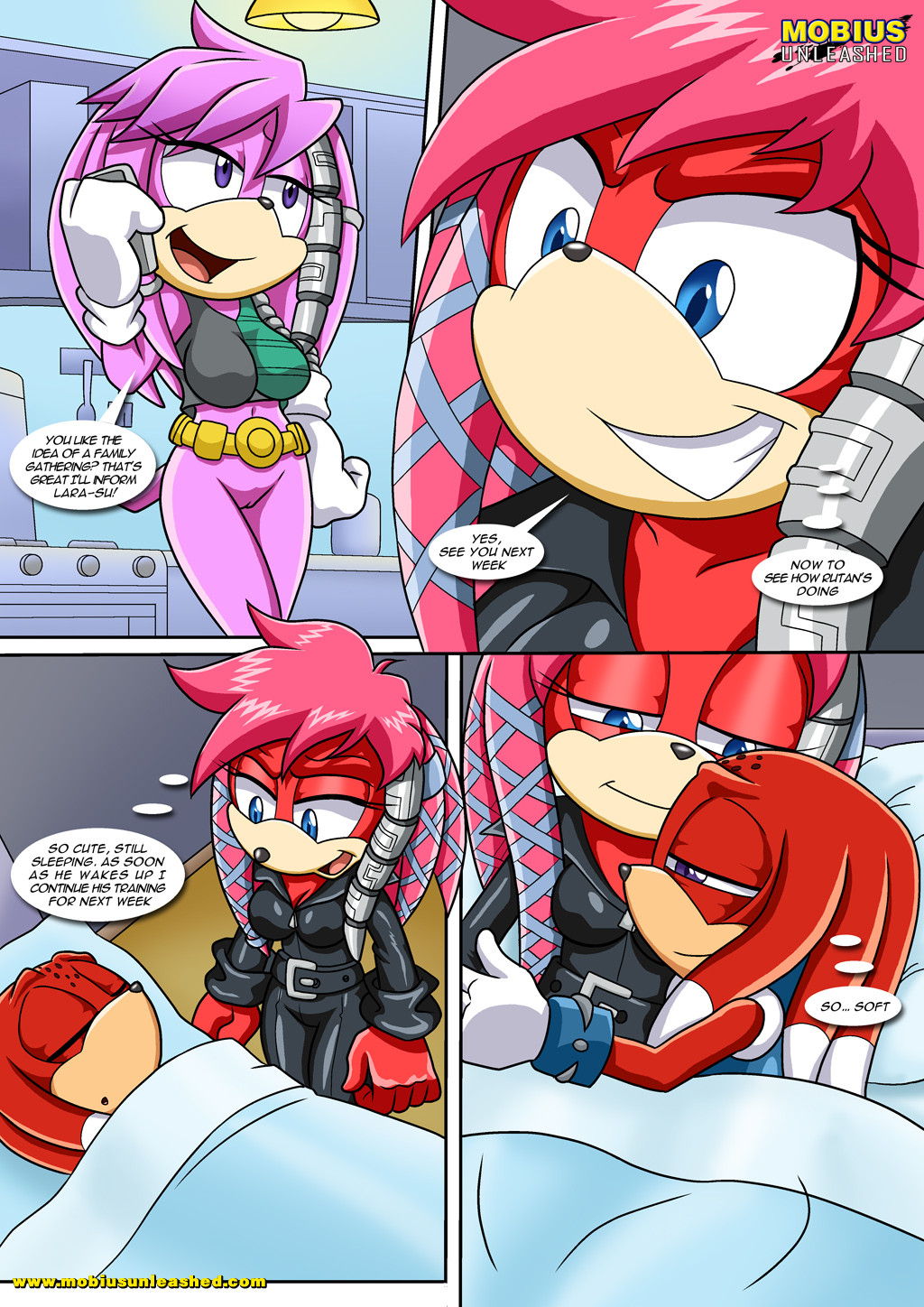 a_strange_affair bottomless comic comic_page conversation cuddling julie-su lien-da mother_and_son no_pants palcomix rutan_the_echidna sleeping sonic_(series) sonic_the_hedgehog_(archie) sonic_the_hedgehog_(series)