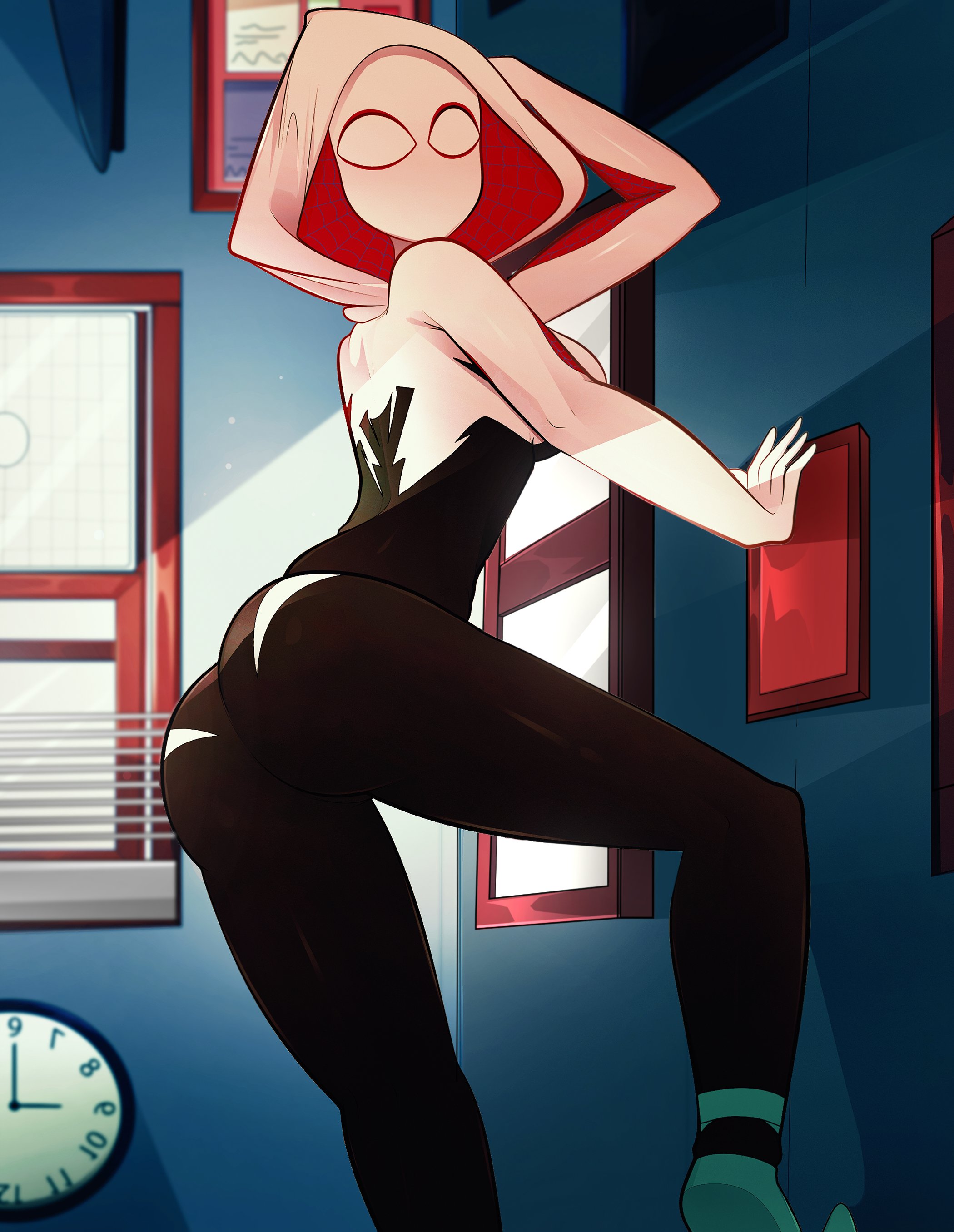 1girls, arkeus, ass, blush, bodysuit, clothed, clothing, female, female only, fully clothed, gwen stacy, human, looking back, marvel, marvel comics, solo, spider-gwen, spider-man (series), upside-down