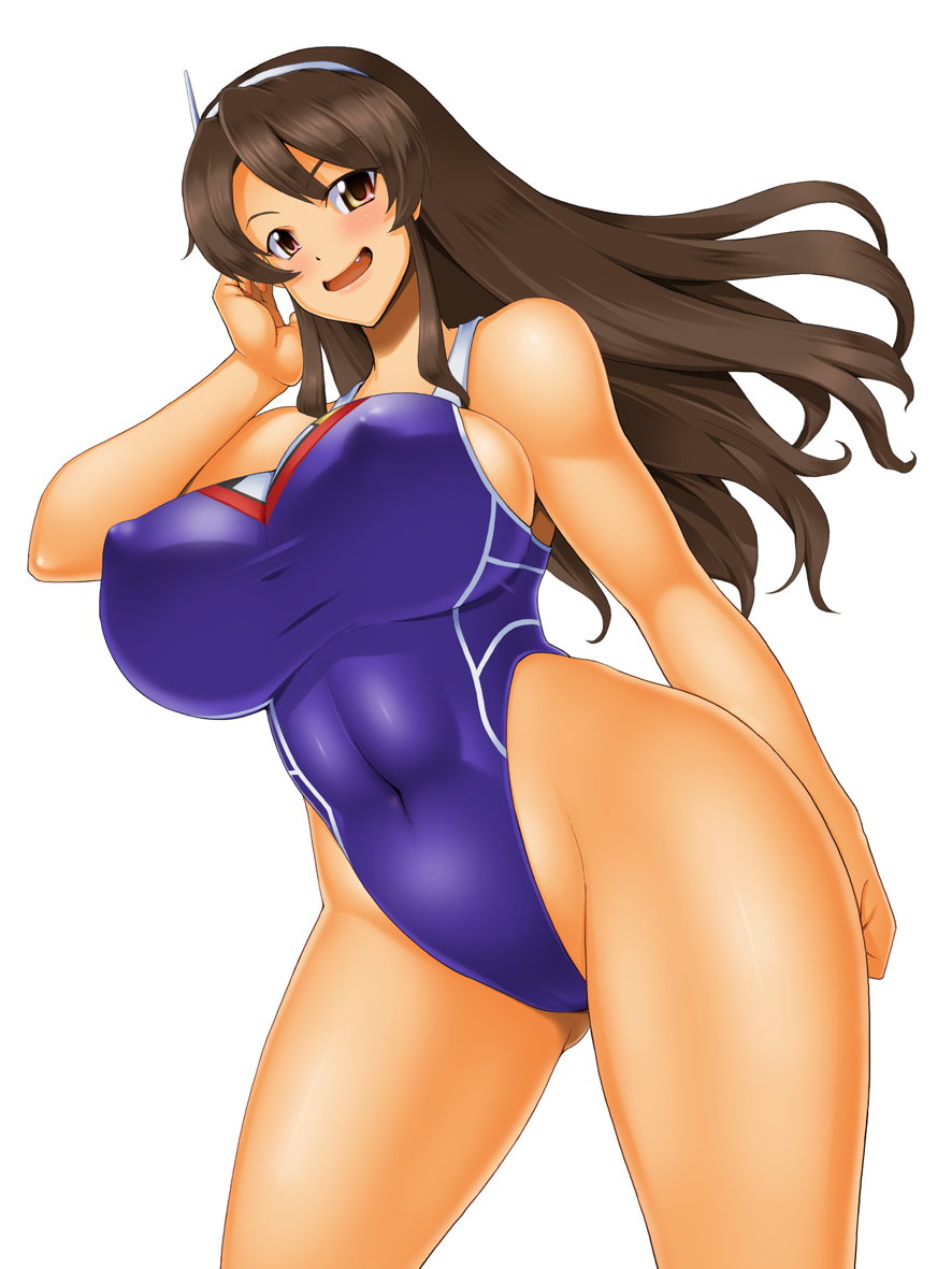 ashigara_(kantai_collection) breasts brown_eyes brown_hair competition_swimsuit female hairband kantai_collection kawanuma_uotsuri large_breasts long_hair oerba_yun_fang one-piece_swimsuit solo standing swimsuit