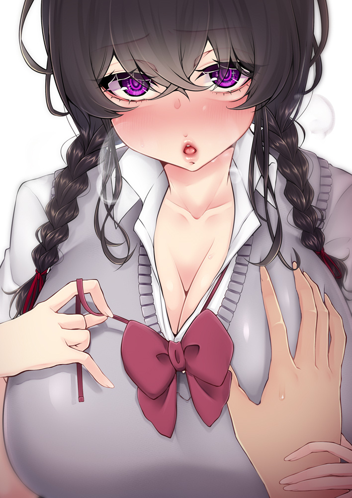 1girls black_hair blush cleavage collarbone eyebrows_visible_through_hair female female_focus hand_on_breast huge_breasts kira_kazuki large_breasts lips looking_at_viewer male_hand male_hand_on_breast open_mouth original original_character pov purple_eyes ribbon school_uniform steam steamy_breath twin_braids white_background