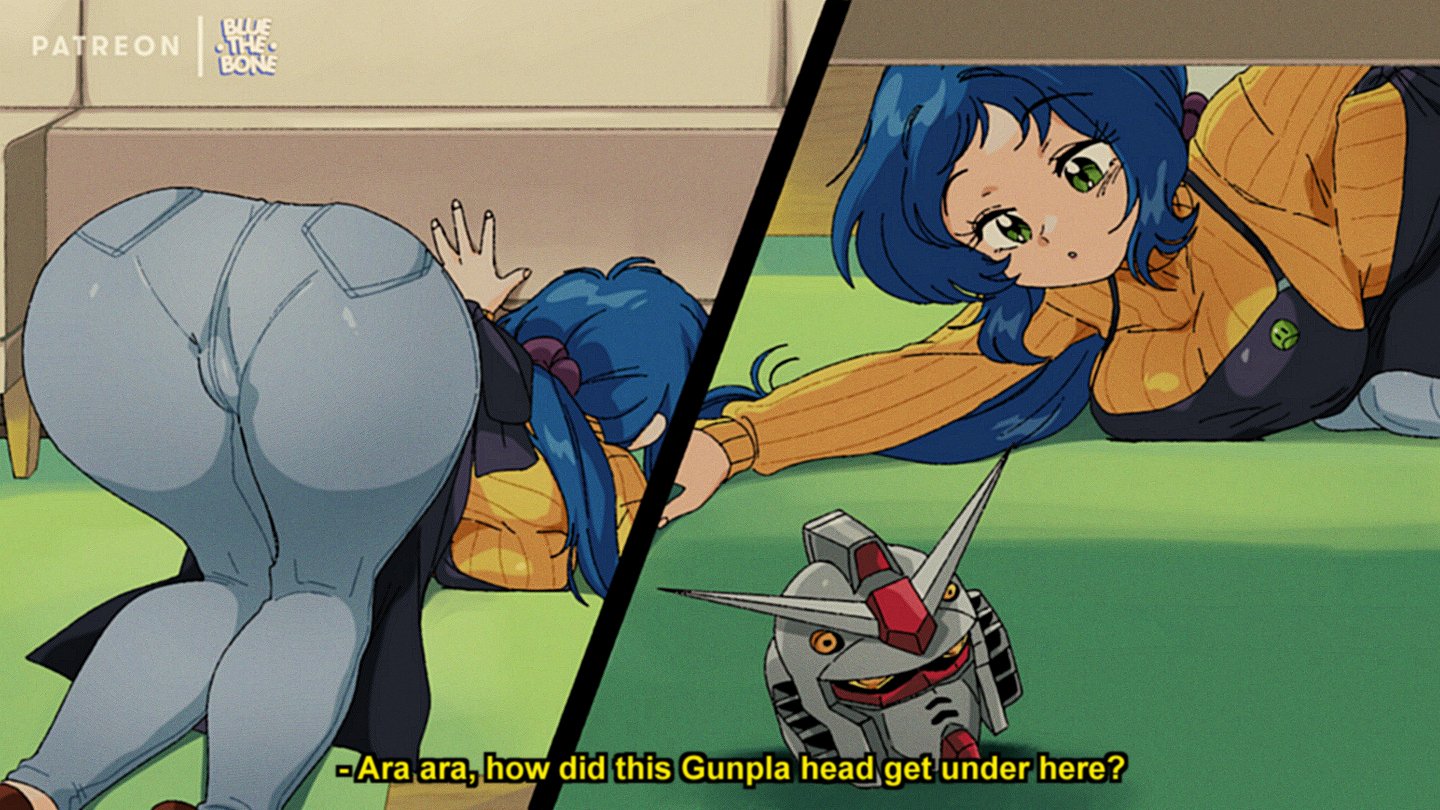 1girls, 2022, apron, ara ara, artist logo, artist signature, ass, ass shot, bending over, bent over, blue hair, bluethebone, breasts, cameltoe, clothed, clothed female, dialogue, english text, female, female only, green eyes, gundam, gundam build fighters, hips, huge ass, huge breasts, indoors, iori rinko, jeans, long hair, mature female, milf, pantylines, pussy, retro artstyle, slim waist, text, thick thighs, thighs, tight clothing, tight fit, top-down bottom-up, unaware, wide hips