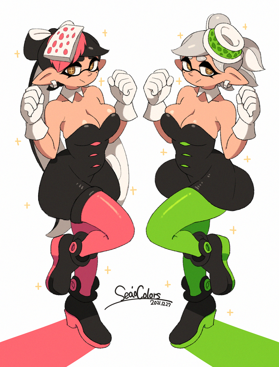 bare shoulders, breasts, callie (splatoon), cleavage, female, female only, inkling, inkling girl, large breasts, marie (splatoon), nintendo, pantyhose, splatoon, squid sisters, straight hair, tagme, tight clothing, yuta agc