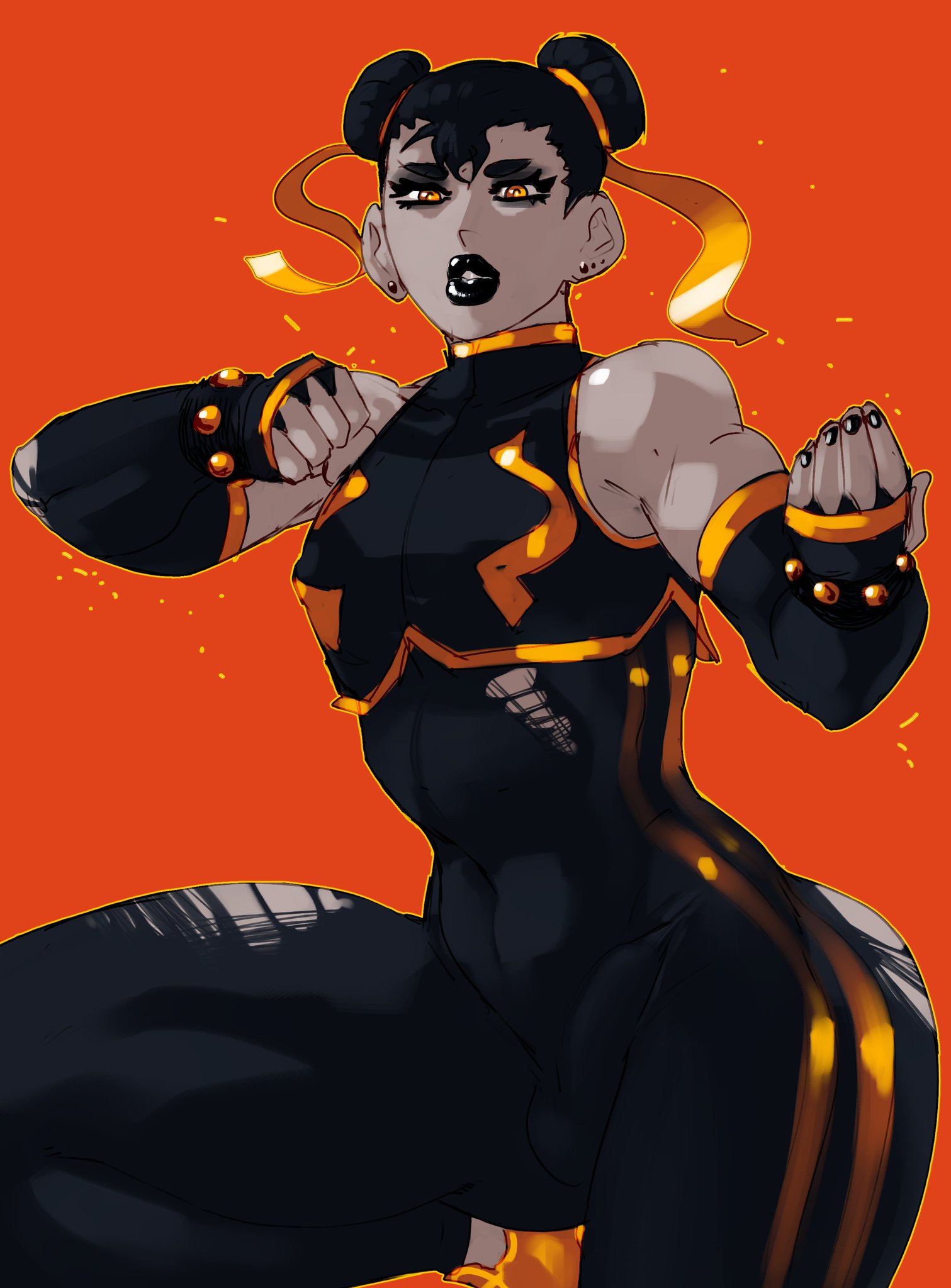 1boy, axred7, black lipstick, black nails, capcom, chun-li, double bun, earrings, erection under clothes, femboy, fingerless gloves, genderswap, makeup, male, male chun-li, one leg up, penis, penis under clothes, red background, rule 63, street, street fighter, street fighter alpha, tearing clothes, thick thighs, tight clothing
