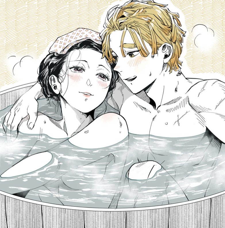 1boy, 1girls, adult, aged up, bath, bathtub, black hair, black-haired female, blonde hair, blonde-haired male, blush, canon couple, couple, demon slayer, female, happy, kamado nezuko, kimetsu no yaiba, male, mixed bathing, nude, romantic, romantic couple, smiling, thick eyebrows, towel on head, umino neko, wholesome, zenitsu agatsuma