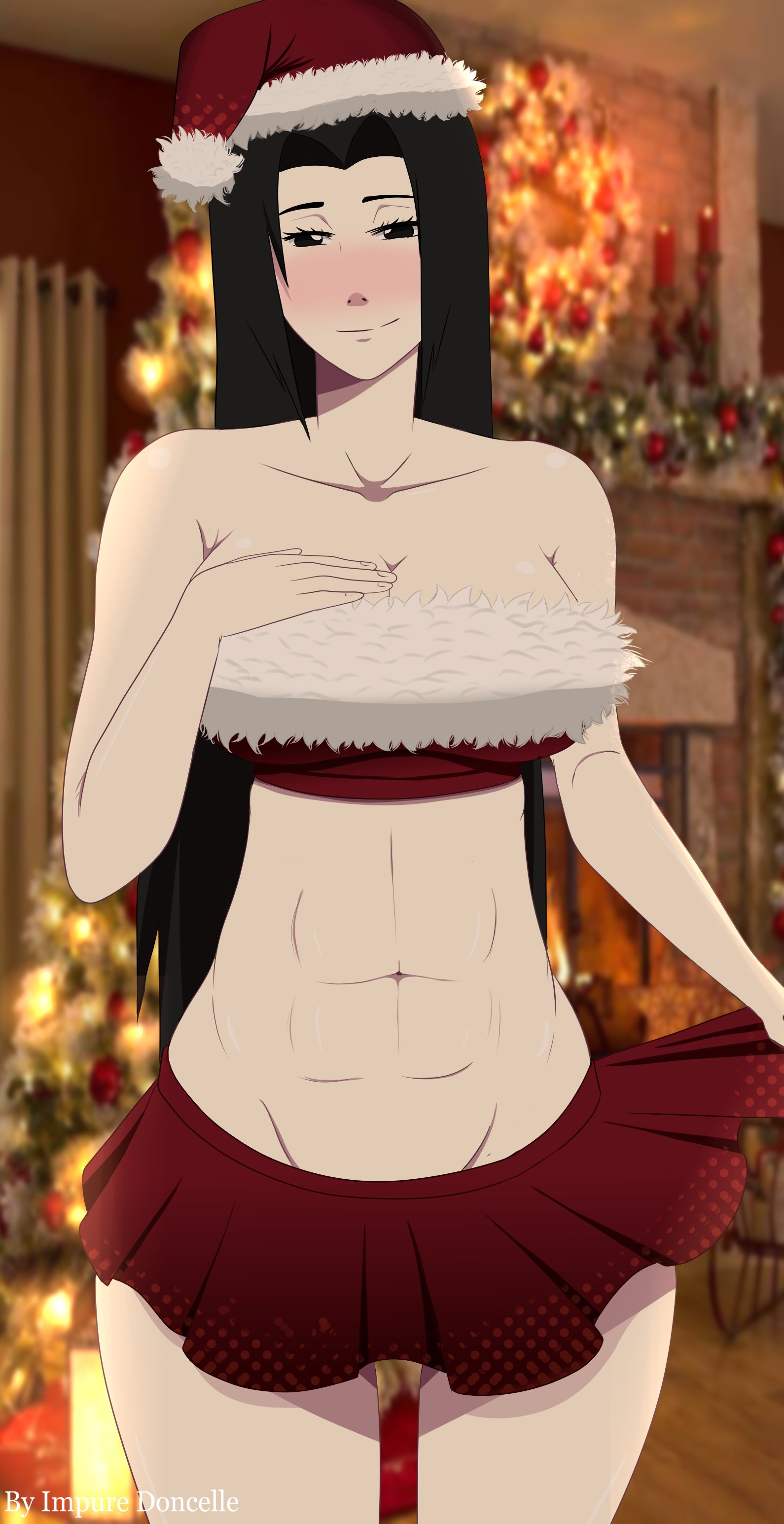 1girls, abs, bare legs, bare shoulders, black eyes, black hair, blush, christmas, collarbone, crop top, curvaceous, curvy, curvy female, curvy figure, female, female only, fit, fit female, fur trim, impuredoncelle, indoor, lifted by self, light skin, light-skinned female, long hair, looking back, matching hair/eyes, mature, mature female, midriff, milf, miniskirt, mostly nude, naruto, naruto (series), naruto shippuden, no bra, no panties, paipan, pale skin, pale-skinned female, pelvic curtain, pinup, revealing clothes, skirt, skirt lift, solo, solo focus, tease, teasing, tubetop, uchiha mikoto, wide hips