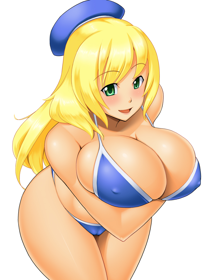 atago_(kantai_collection) bikini blonde_hair blue_bikini breasts cameltoe cleavage covered_navel curvy eyebrows_visible_through_hair female green_eyes hat huge_breasts kantai_collection kawanuma_uotsuri long_hair looking_at_viewer smile solo swimsuit wide_hips