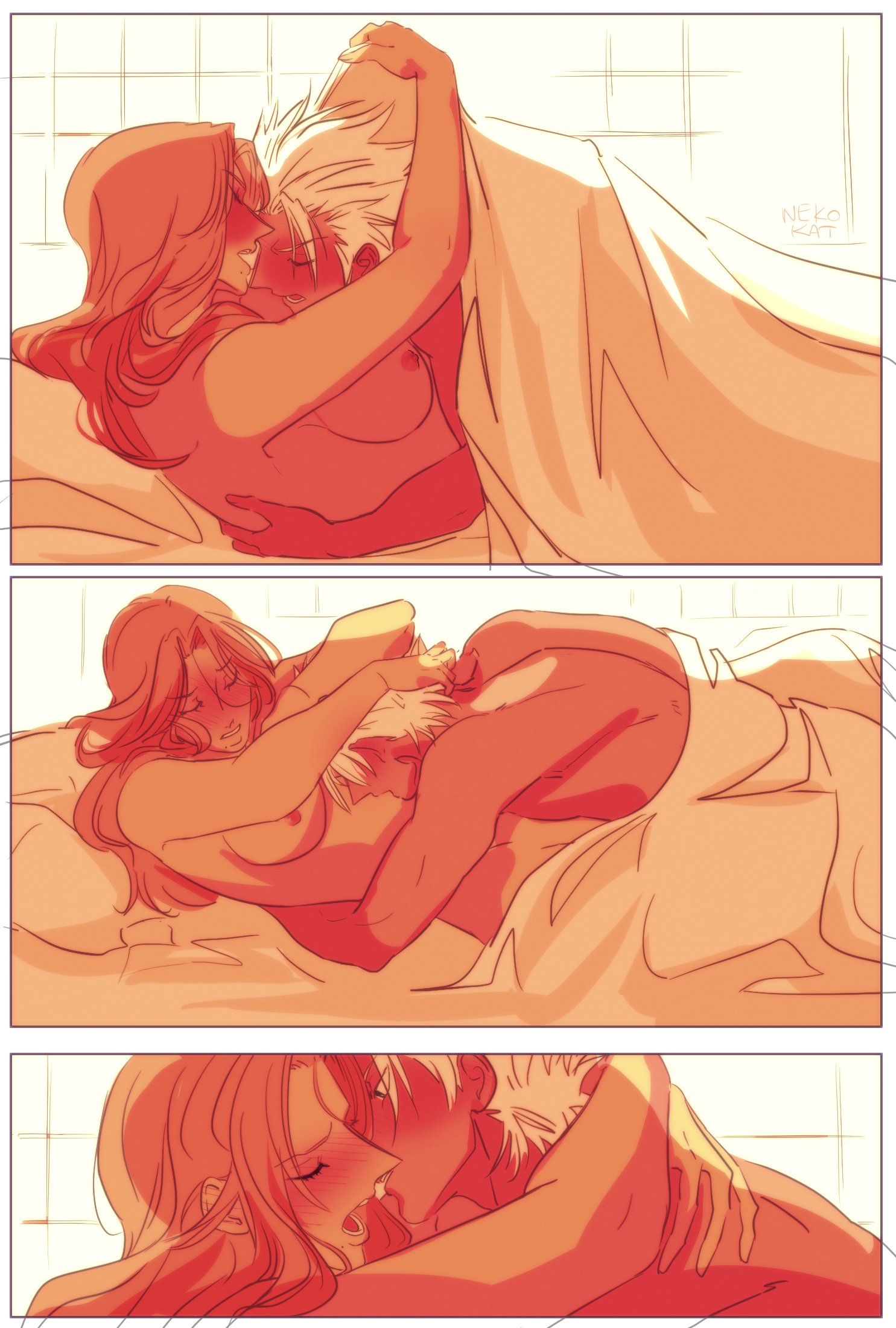 1boy, 1girls, 3koma, age difference, ambiguous penetration, artist request, bangs, bed, bed sheet, big breasts, bleach, blush, breasts, busty, closed eyes, completely nude, embrace, female, green eyes, hug, huge breasts, kissing, kissing belly, light skin, light-skinned female, light-skinned male, lying, lying on back, lying on person, male, male with female, male/female, matsumoto rangiku, missionary position, moaning, mole, mole under mouth, naked, nipples, nude, older, older female, orange hair, sex, spiky hair, straddling, toshiro hitsugaya, under covers, young, younger male