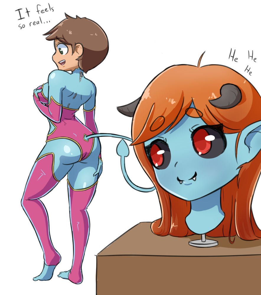 ass, big ass, big breasts, blue skin, bodysuit, breasts, brown hair, demon, demon girl, demon horns, demon tail, fangs, female, horn, horns, living clothes, megazone23, mtf transformation, red eyes, red hair, skin tight suit, skinsuit, spade tail, succubus, tail, transformation