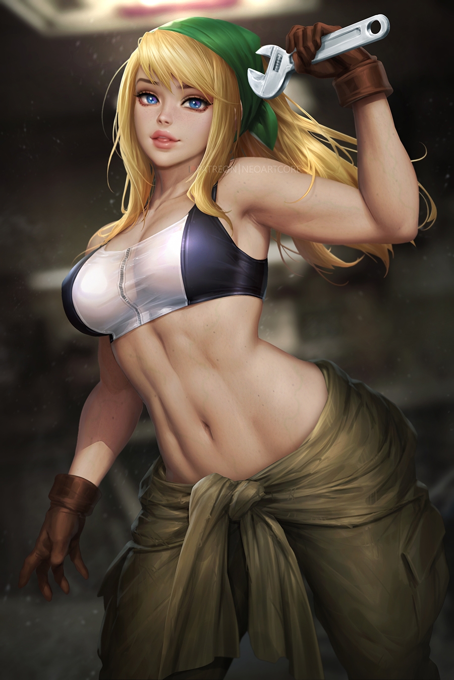 1girls, 2d, 2d (artwork), abs, alternate version available, armpits, athletic, athletic female, bangs, bare arms, bare midriff, bare shoulders, belly button, big breasts, blonde hair, blue eyes, breasts, cleavage, clothed, crop top, female, female focus, female only, fit, fit female, fullmetal alchemist, gloves, hair over shoulder, headband, highres, long hair, looking at viewer, mechanic, midriff, muscular, muscular female, navel, neoartcore, pants, solo, solo female, solo focus, tied hair, winry rockbell, wrench