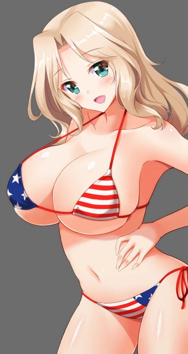 american flag bikini, blonde hair, blush, breasts, female, girls und panzer, green eyes, hand on stomach, huge breasts, kay (girls und panzer), open mouth, skimpy, smile, smiling at viewer, swimsuit, thick thighs